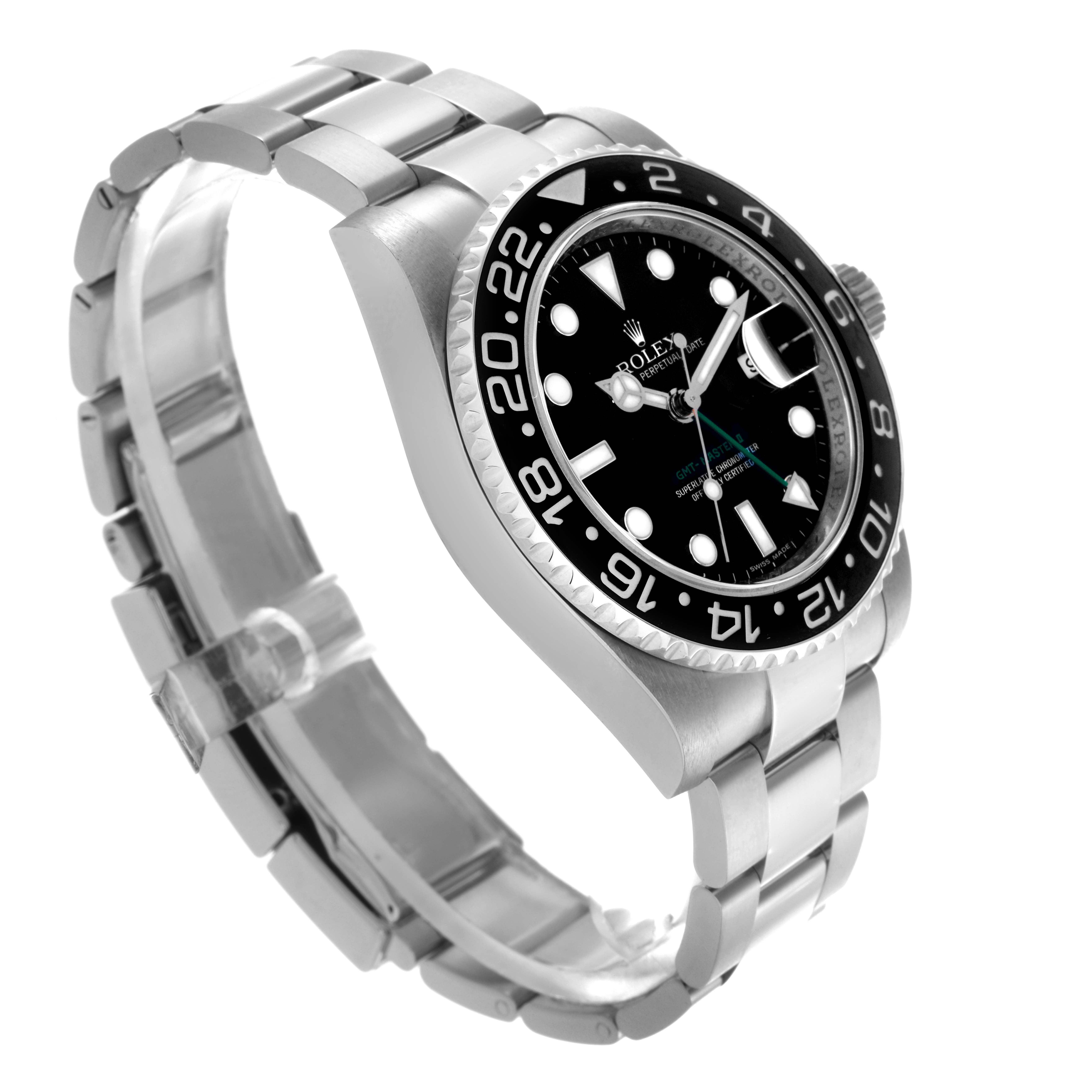 The image shows a Rolex GMT-Master 116710 Men
s Stainless Steel Black Dial 116710 Men
s Stainless Steel Black Dial watch at a three-quarter angle, highlighting the face, bezel, crown, and bracelet.