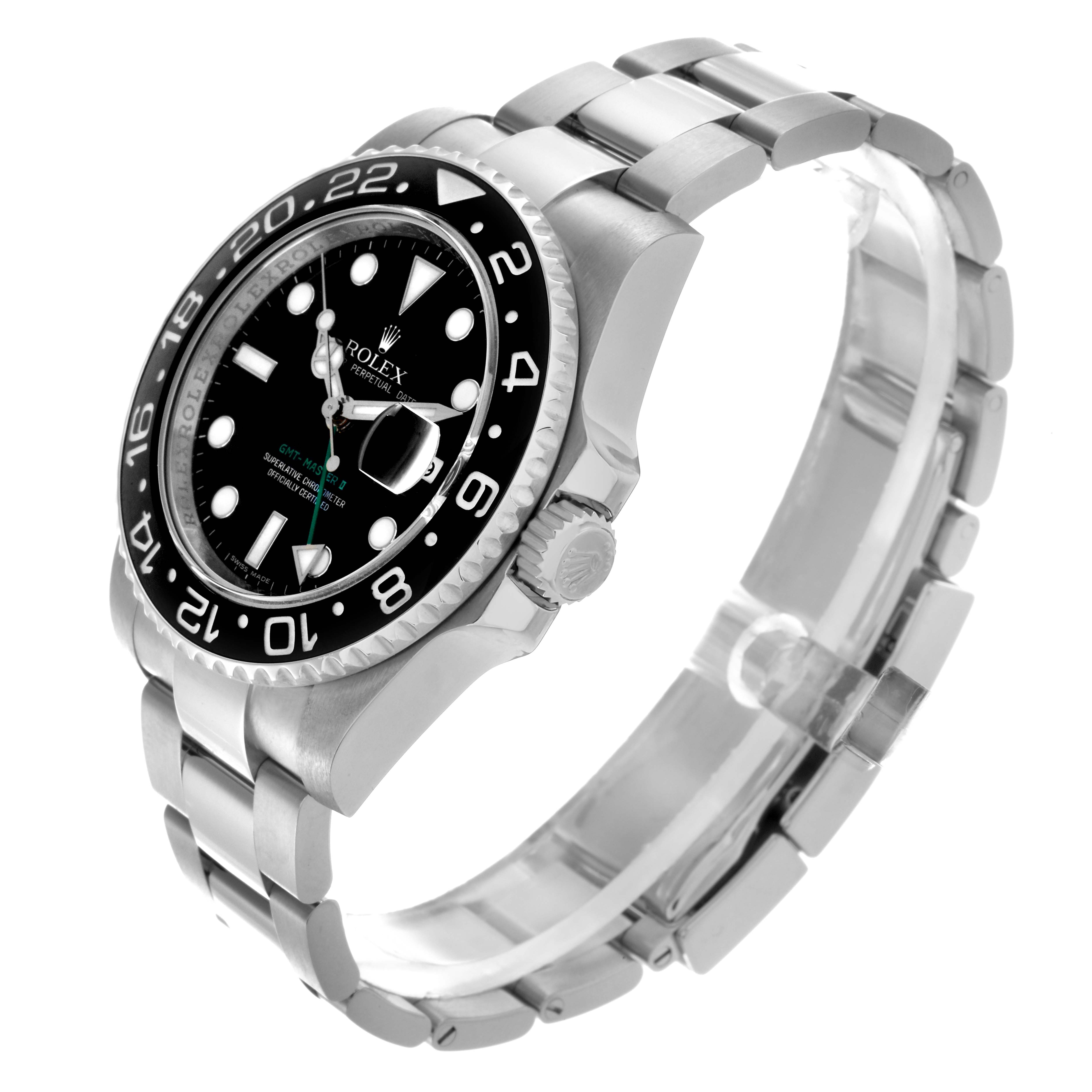 The Rolex GMT-Master 116710 Men
s Stainless Steel Black Dial 116710 Men
s Stainless Steel Black Dial watch is shown at a high, angled side view, highlighting the bezel, dial, and bracelet.