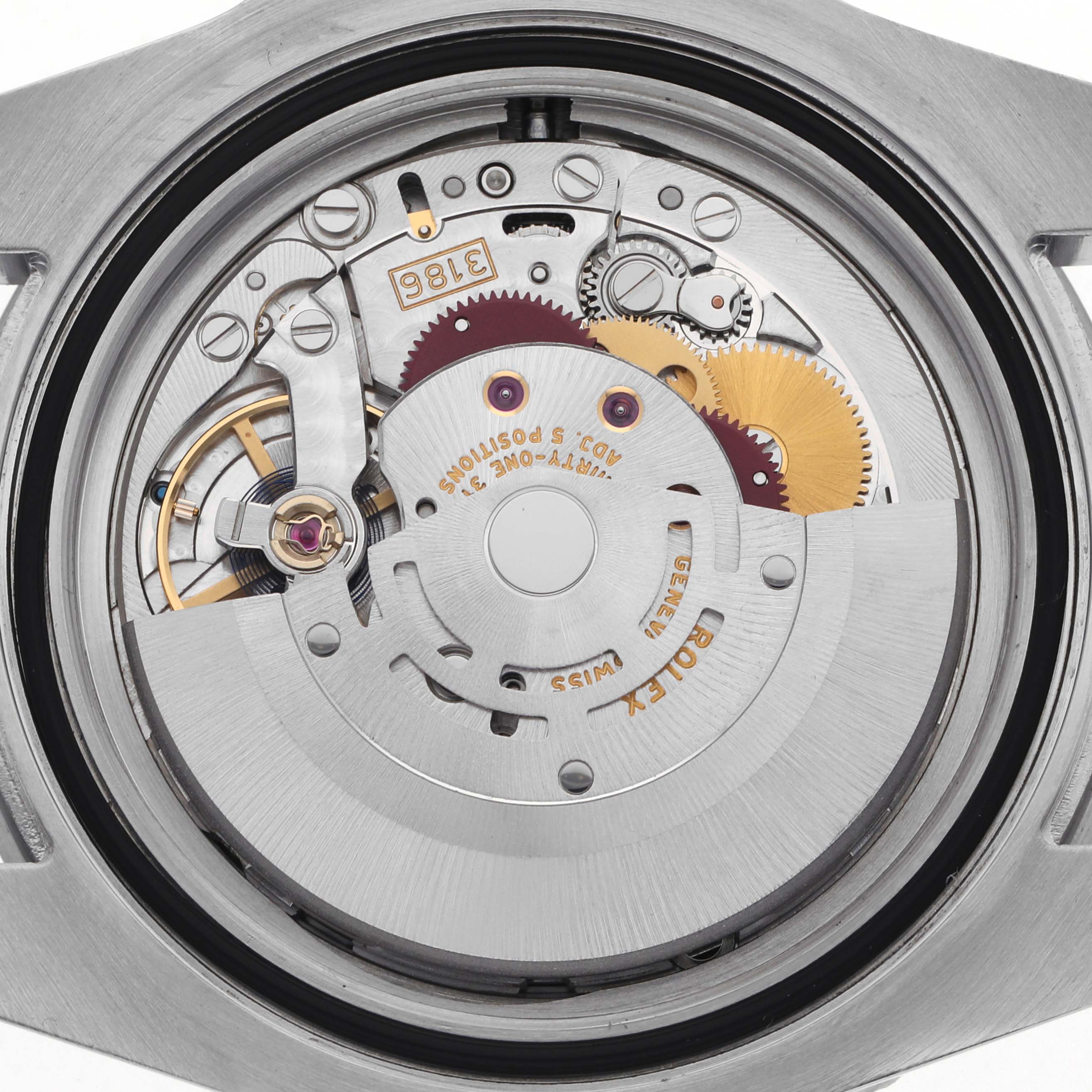 The image shows the internal movement of a Rolex GMT-Master 116710 Men
s Stainless Steel Black Dial 116710 Men
s Stainless Steel Black Dial watch, highlighting gears and components from a rear angle.