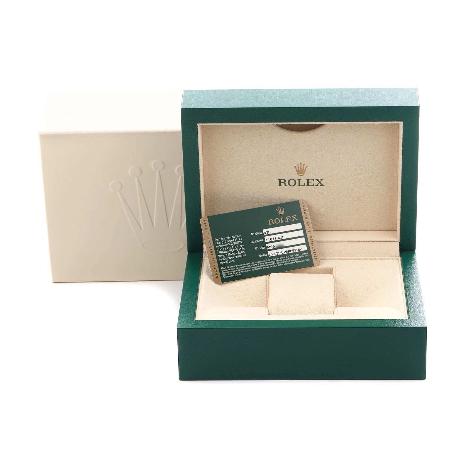 The image shows an open Rolex GMT-Master 116710 Men
s Stainless Steel Black Dial 116710 Men
s Stainless Steel Black Dial box at an angle, with the warranty card and cushion visible inside.