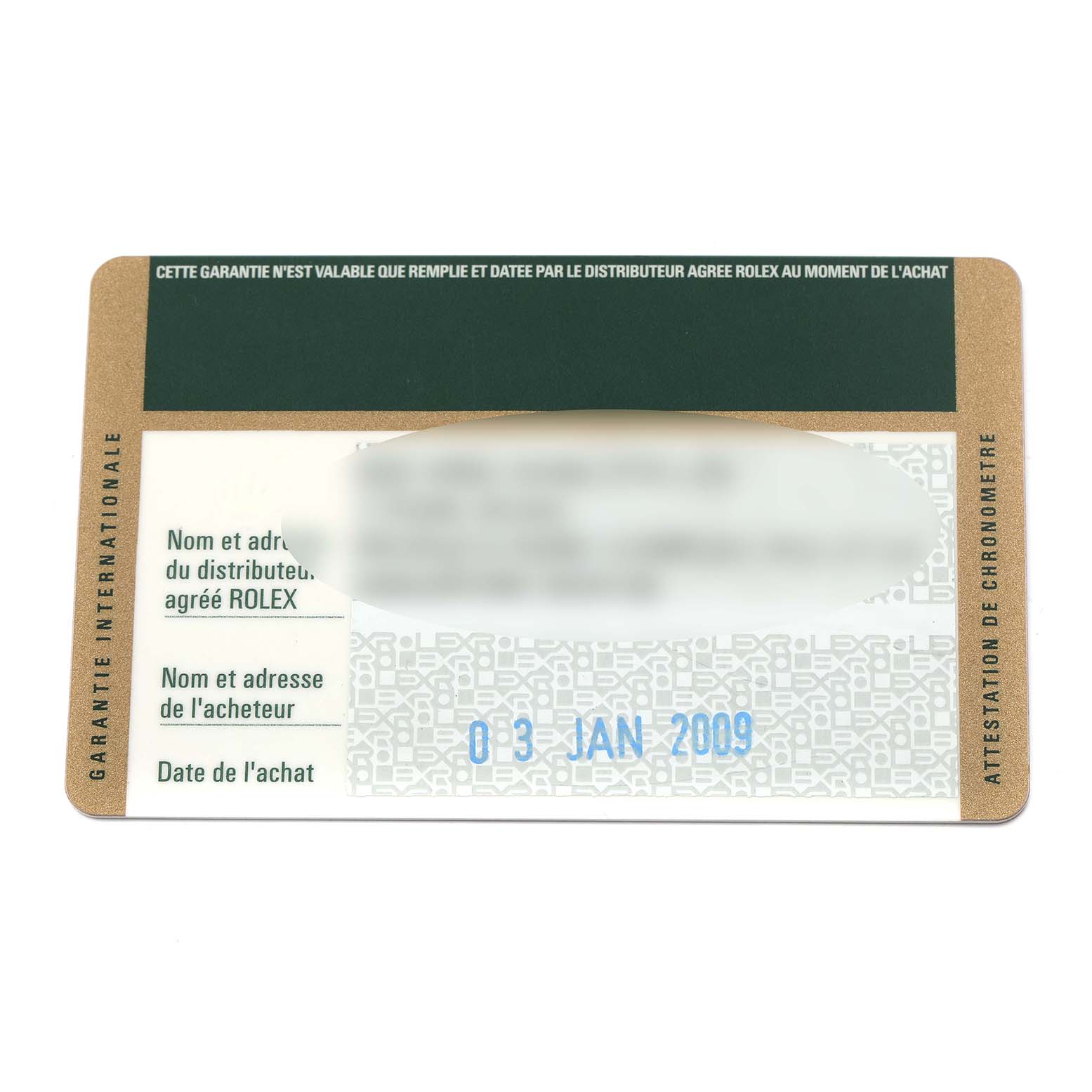 The image shows the guarantee card for a Rolex GMT-Master 116710 Men
s Stainless Steel Black Dial 116710 Men
s Stainless Steel Black Dial watch at a straight-on angle.