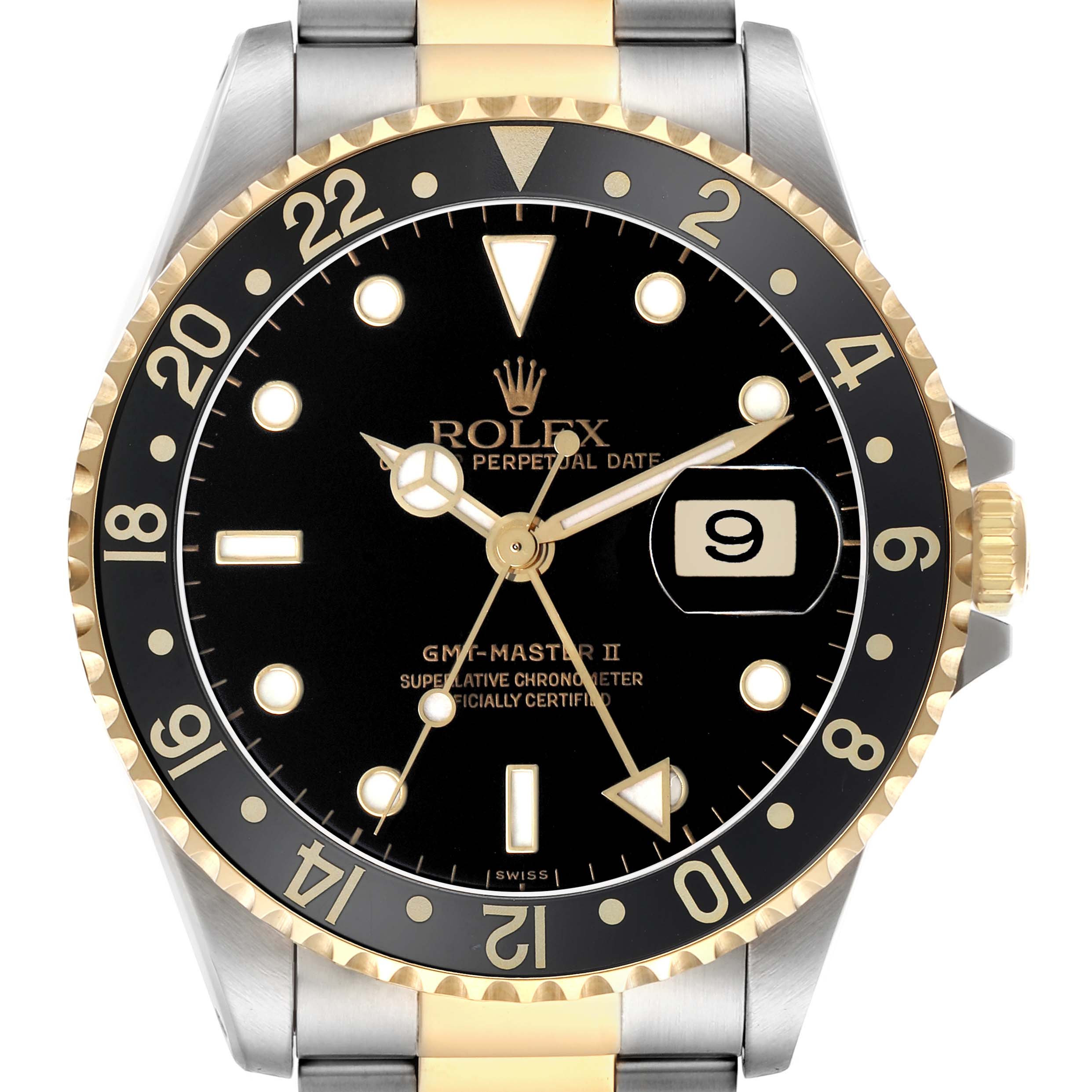 The Rolex GMT-Master 16713LN Men's Stainless Steel Black Dial II watch is shown from a front angle, highlighting its dial, hands, bezel, and date feature.