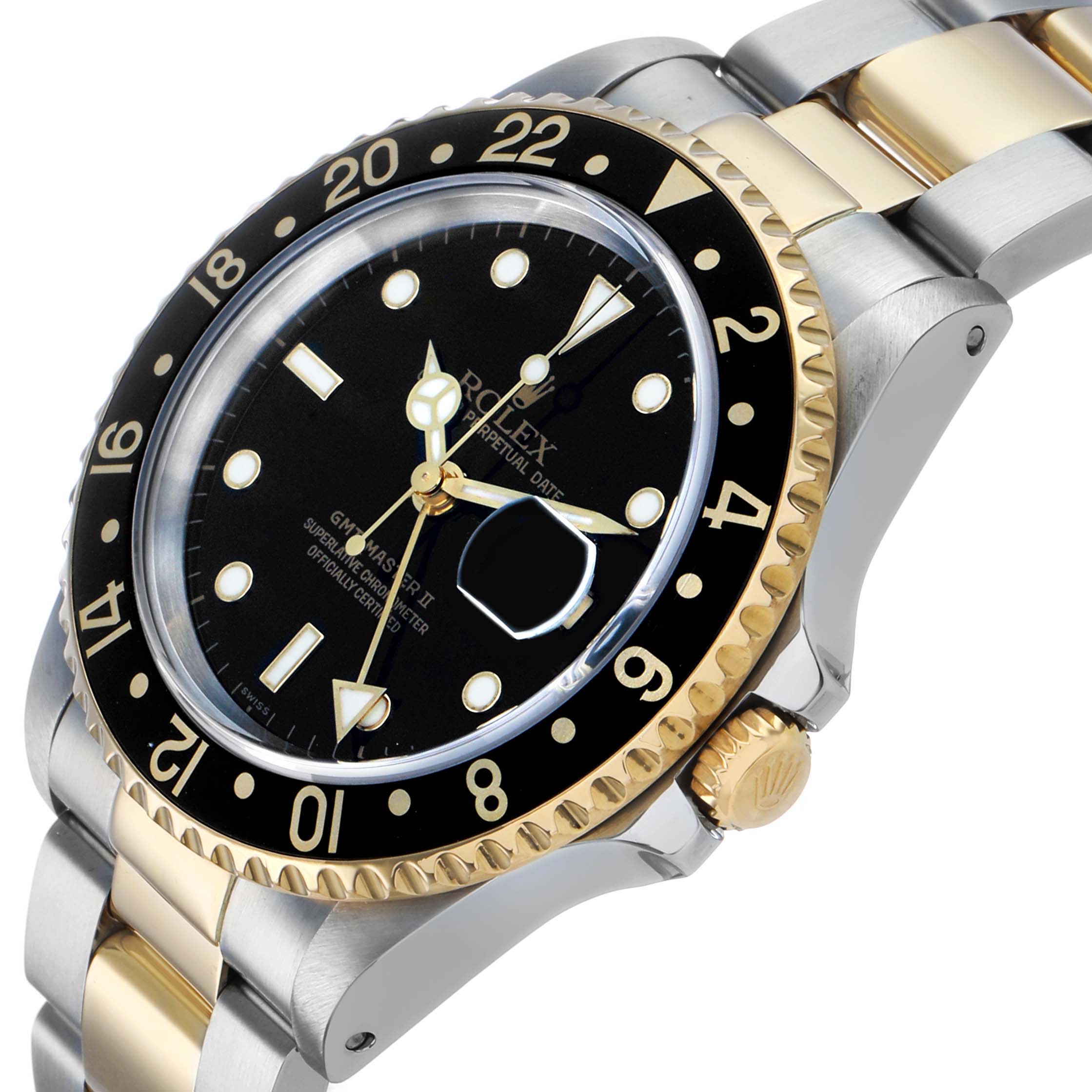 The Rolex GMT-Master 16713LN Men's Stainless Steel Black Dial watch is shown at an angle highlighting the face, bezel, crown, and part of the bracelet.