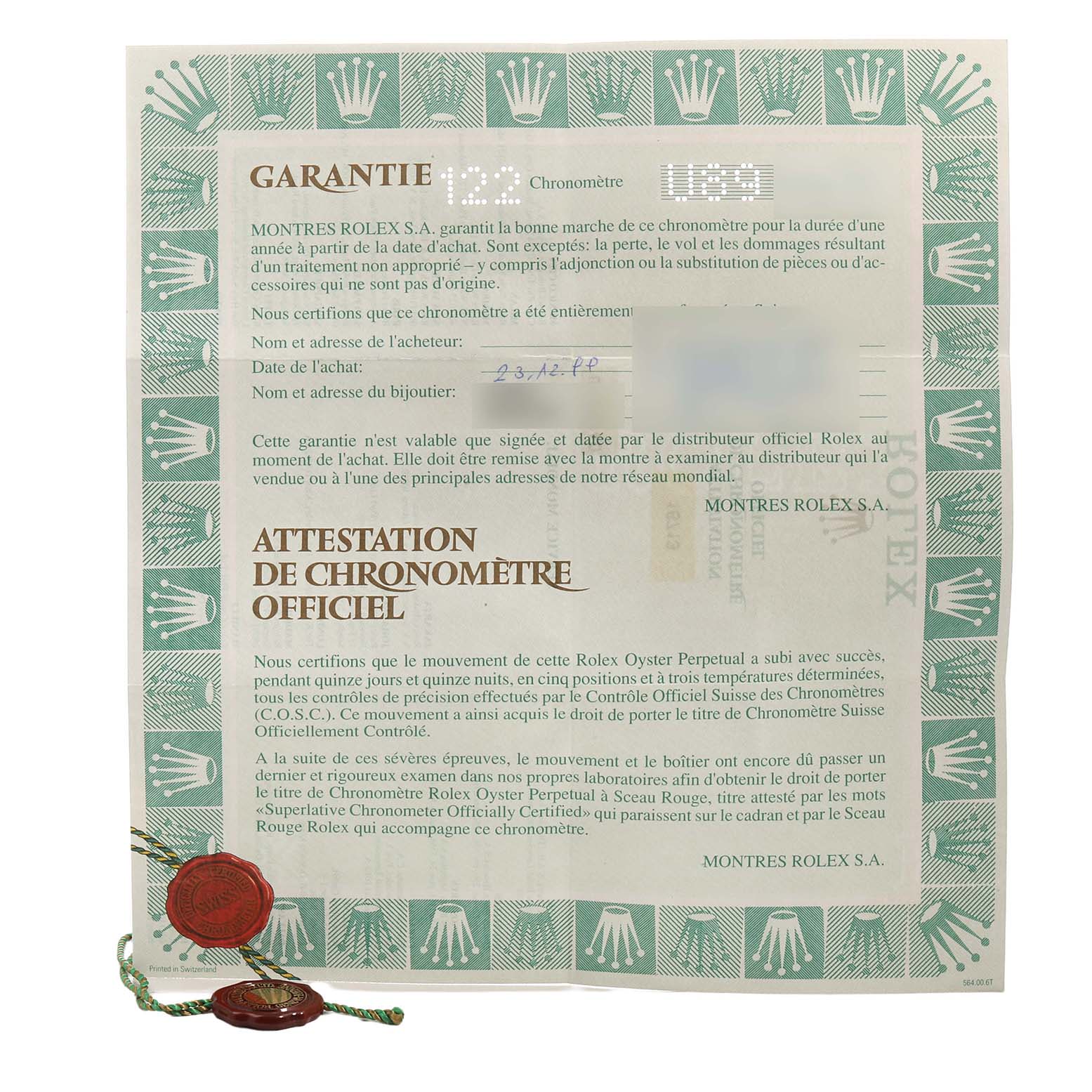 The image shows a warranty certificate for a Rolex GMT-Master 16713LN Men's Stainless Steel Black Dial without displaying the watch itself.