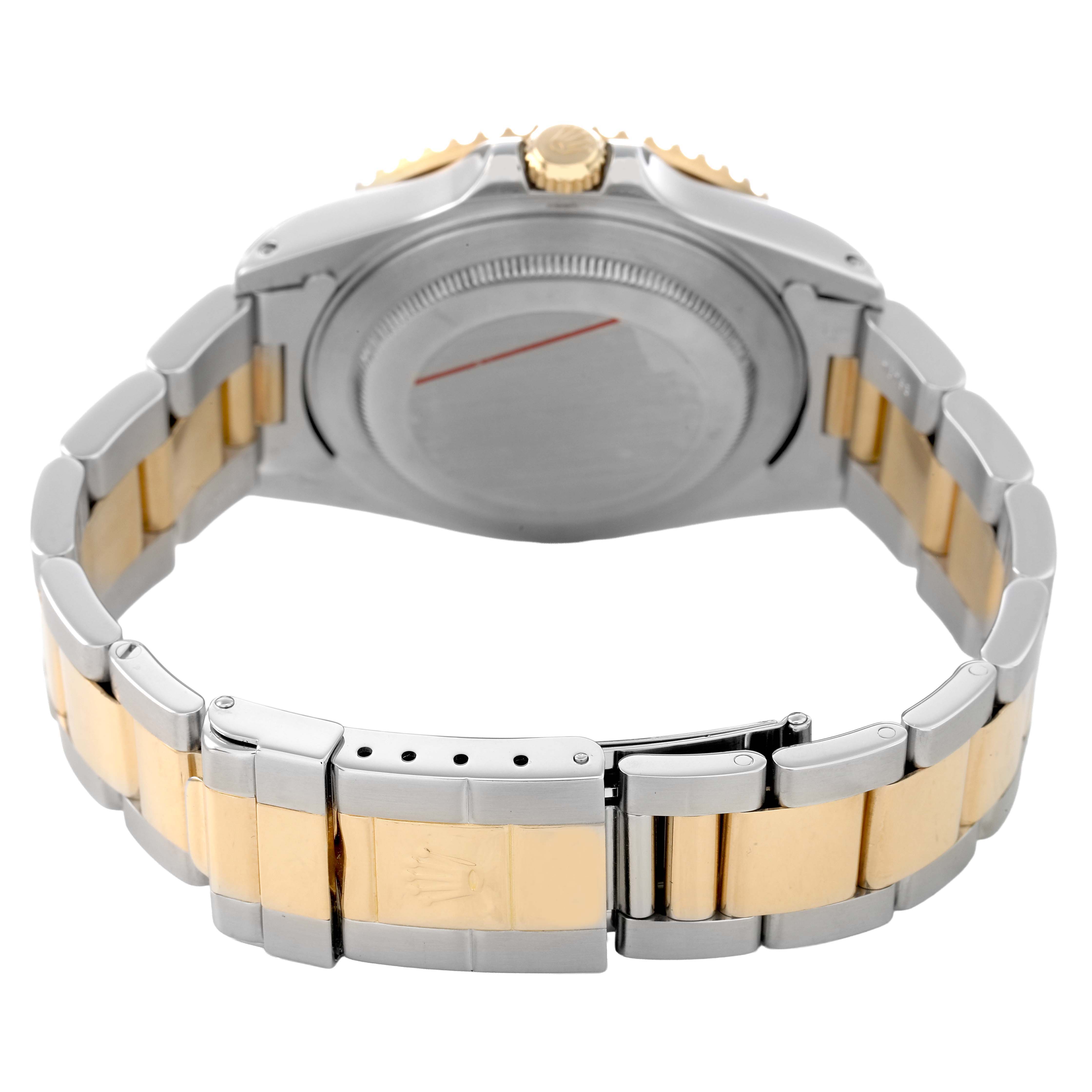 The image shows the back case and bracelet of a Rolex GMT-Master 16713LN Men's Stainless Steel Black Dial, revealing the two-tone metal design and clasp from a rear angle.