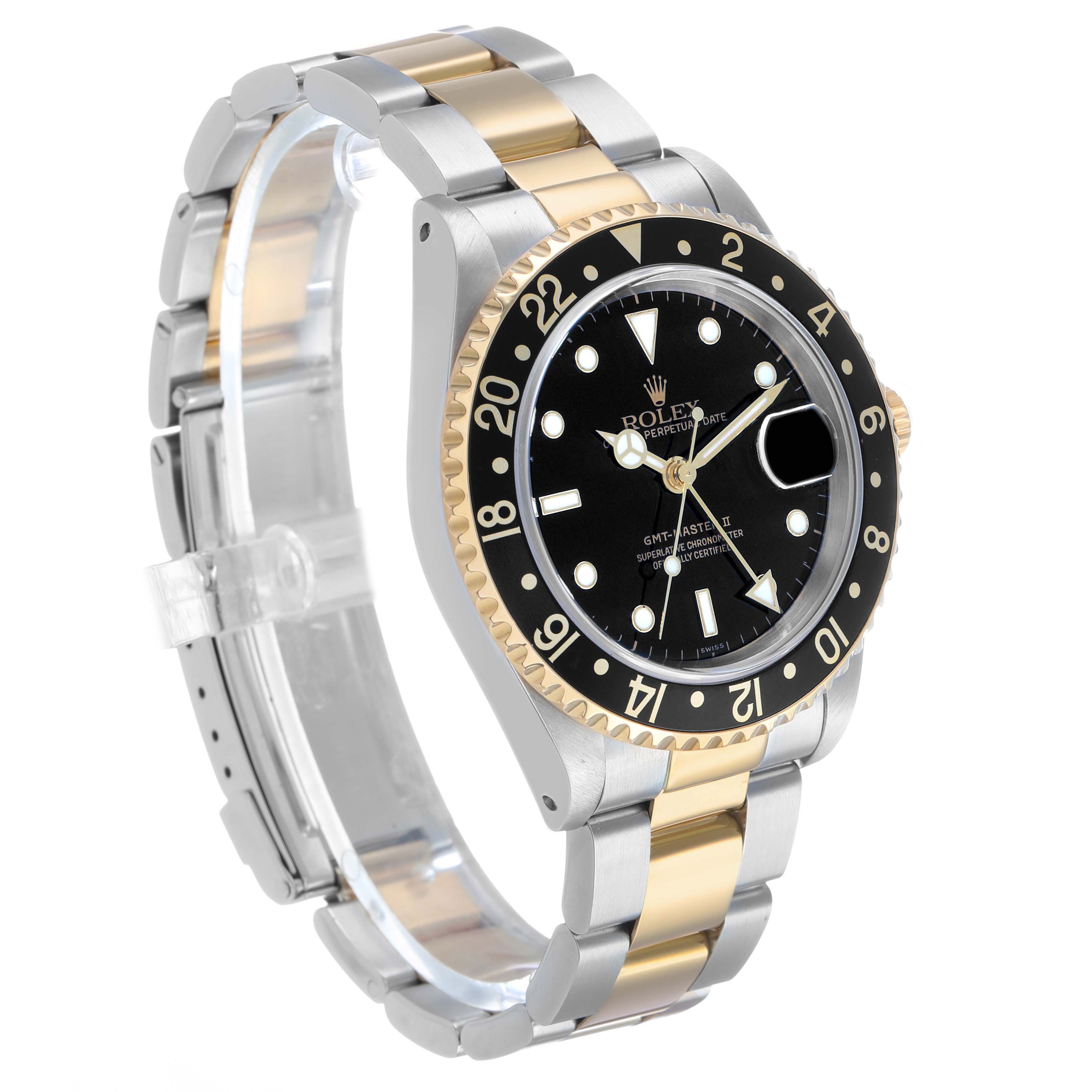 The Rolex GMT-Master 16713LN Men's Stainless Steel Black Dial watch is shown at a side angle, highlighting the case, bezel, dial, and bracelet.