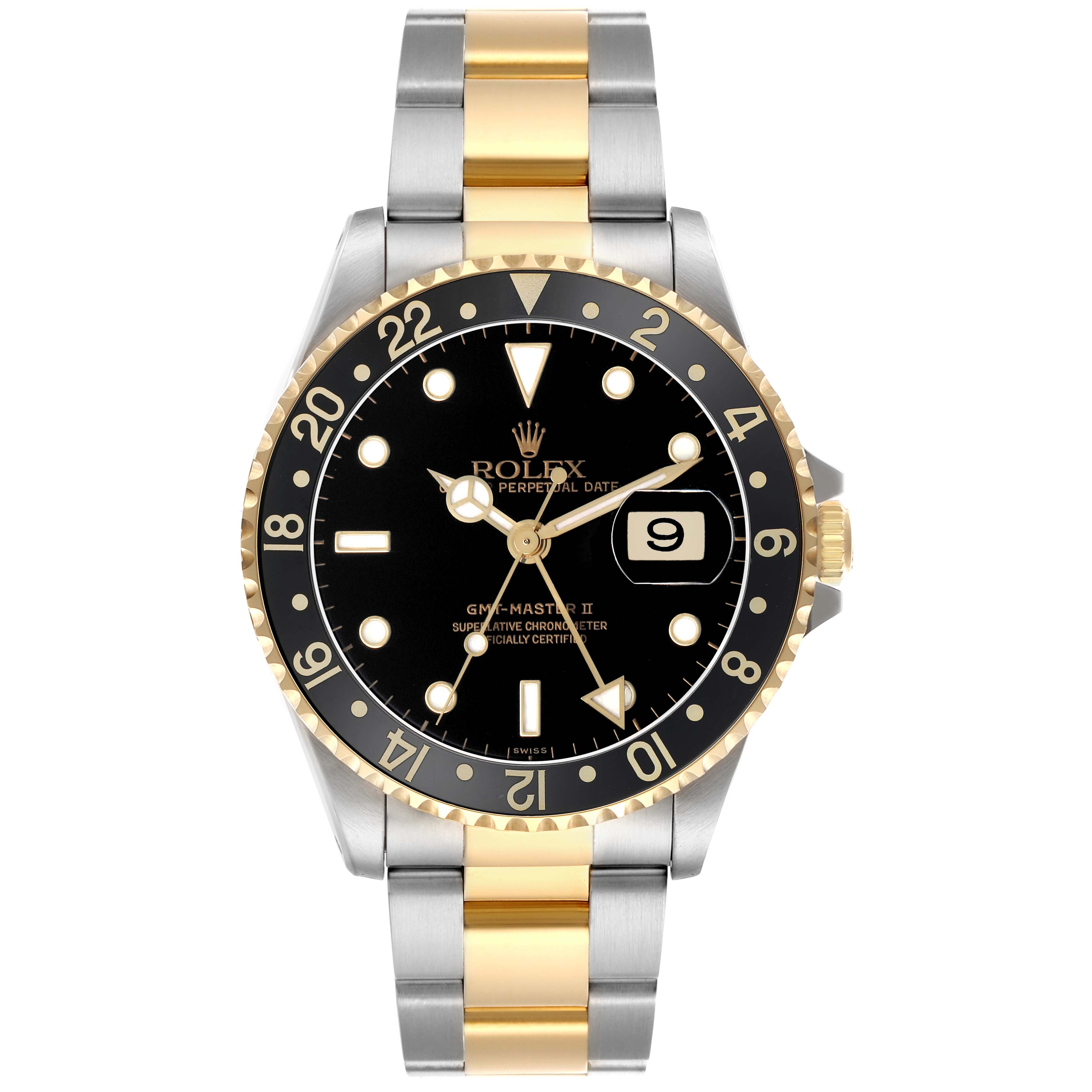 The Rolex GMT-Master 16713LN Men's Stainless Steel Black Dial II is shown from the front, highlighting its black dial, gold bezel, and two-tone bracelet.