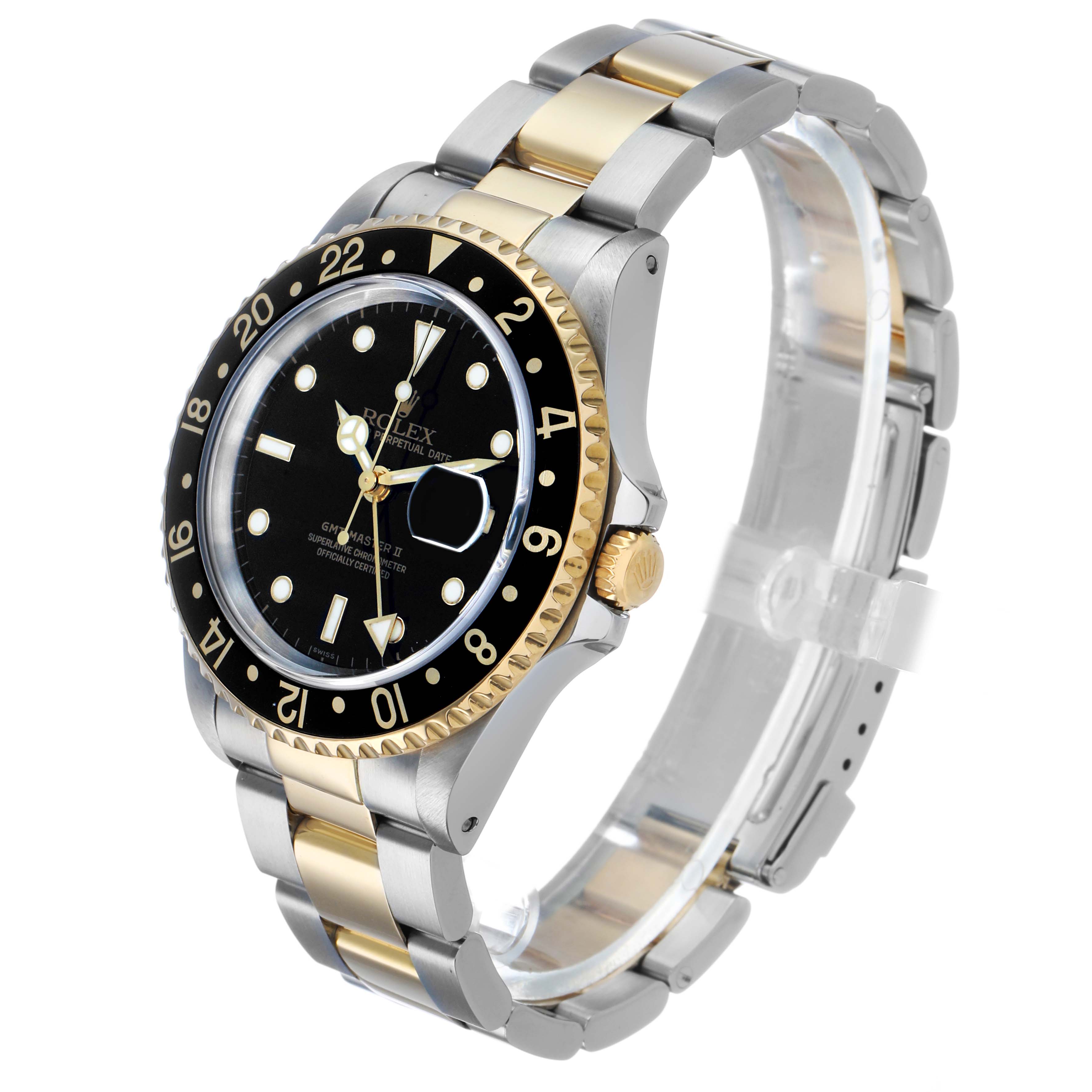 The Rolex GMT-Master 16713LN Men's Stainless Steel Black Dial watch is shown at a three-quarter front angle, displaying the bezel, dial, and bracelet.