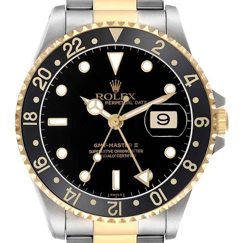 The Rolex GMT-Master 16713LN Men's Stainless Steel Black Dial watch is shown from the front, highlighting the bezel, dial, hands, and part of the bracelet.