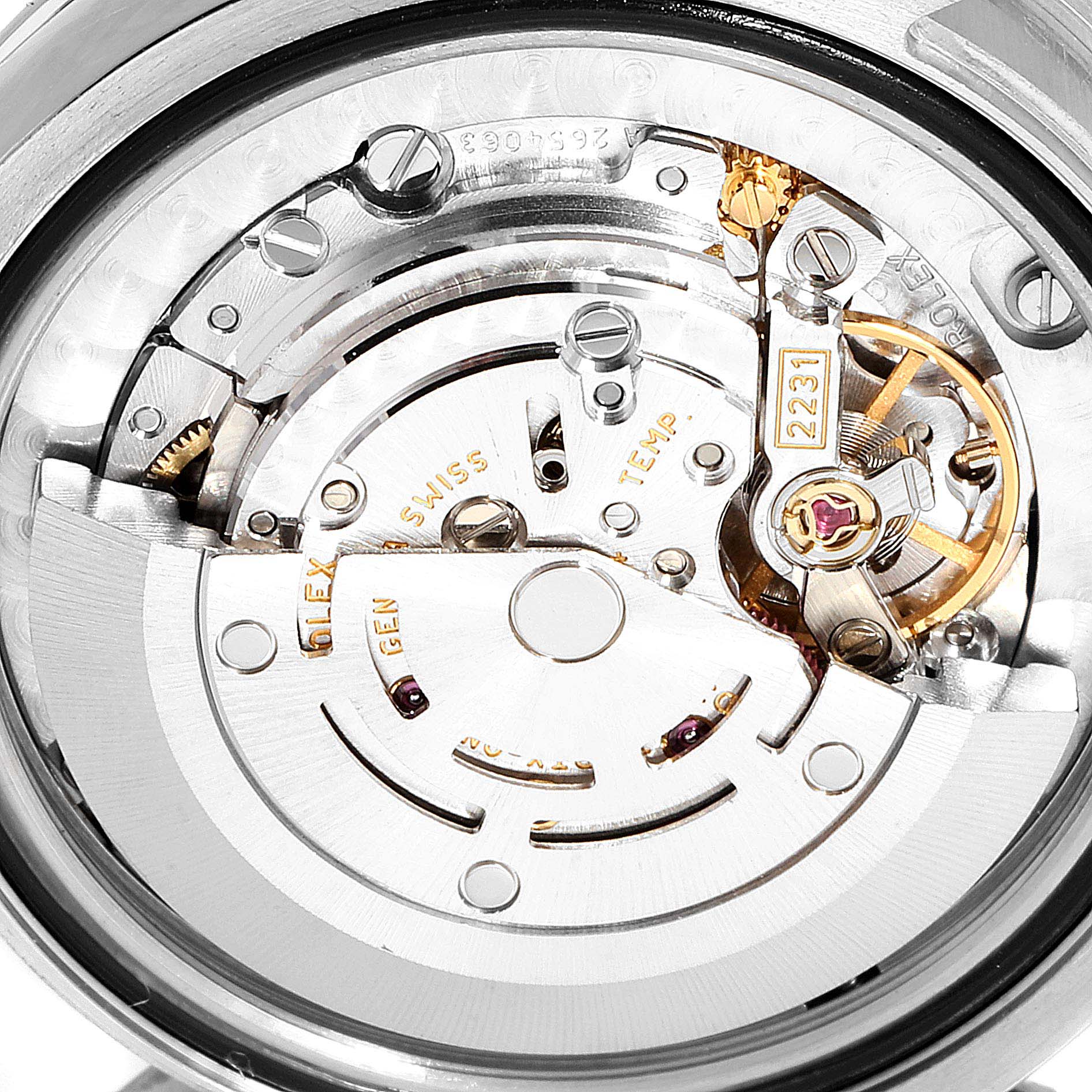 This image shows the internal mechanical movement of the Rolex Mid-Size 177200 Women
s Stainless Steel Pink Dial 177200 Women
s Stainless Steel Pink Dial model, viewed from the back.