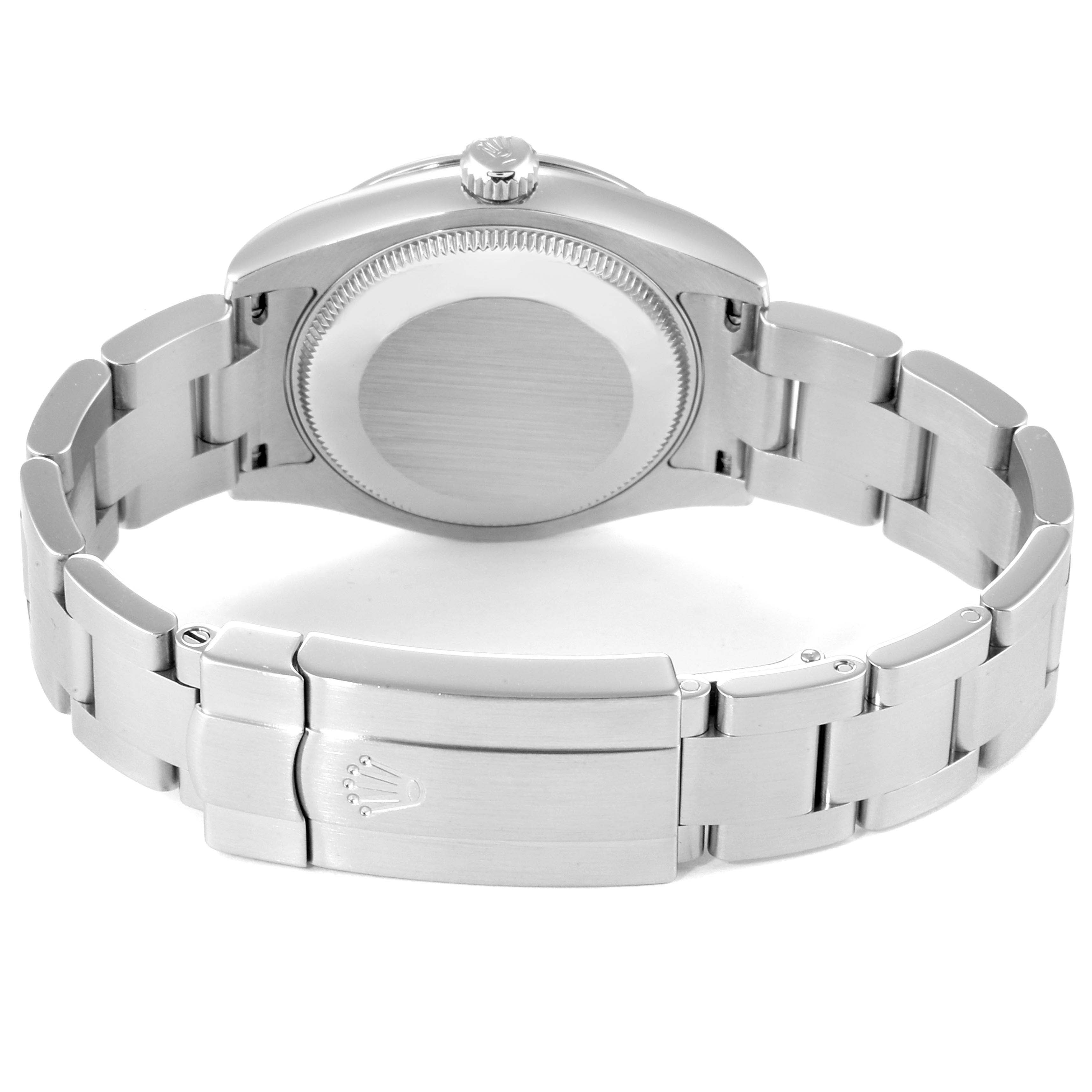 This image shows the back view of a Rolex Mid-Size 177200 Women
s Stainless Steel Pink Dial 177200 Women
s Stainless Steel Pink Dial model watch, highlighting the bracelet and clasp.