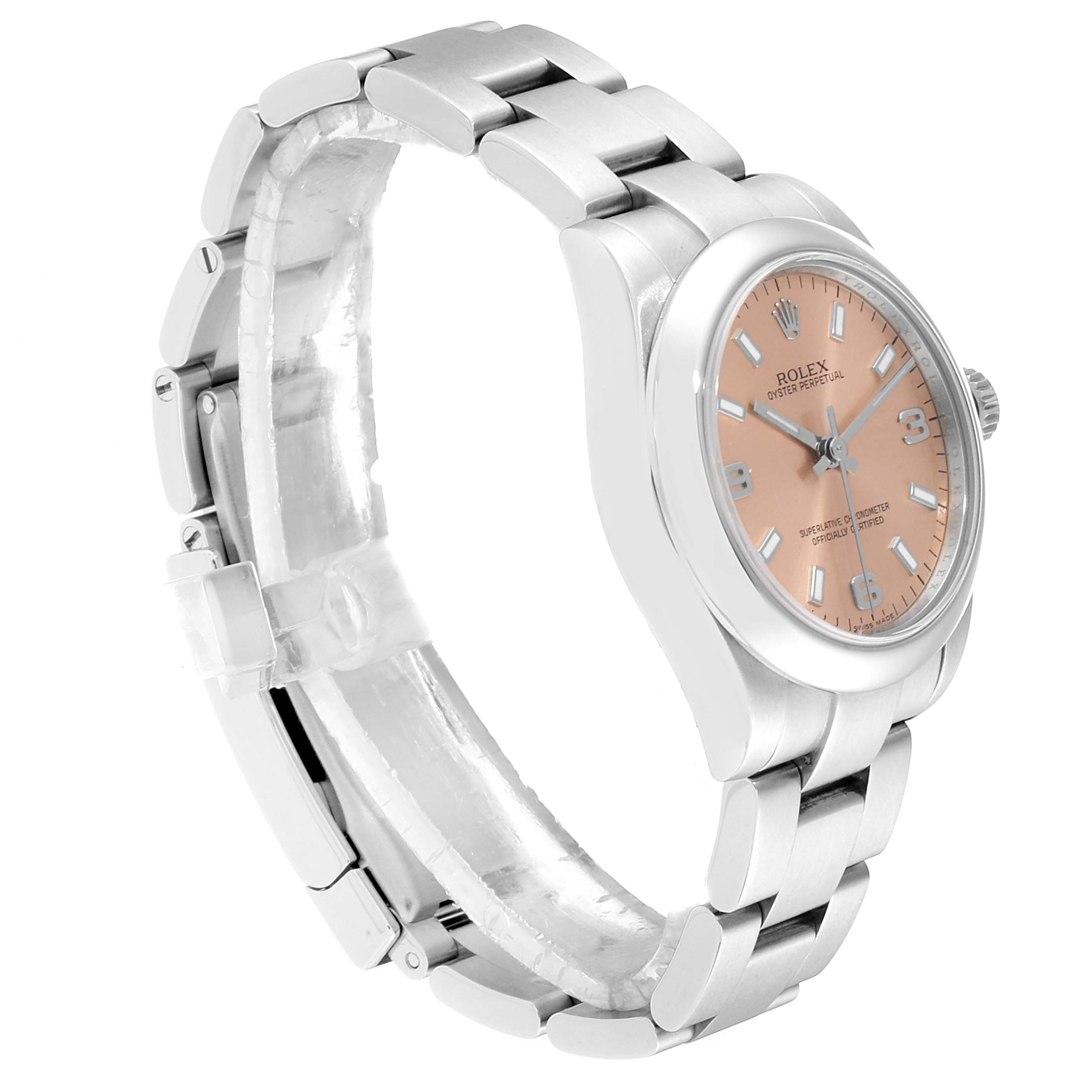 The image shows a side view of a Rolex Mid-Size 177200 Women
s Stainless Steel Pink Dial 177200 Women
s Stainless Steel Pink Dial watch, displaying its bracelet, clasp, and case with a pink dial.