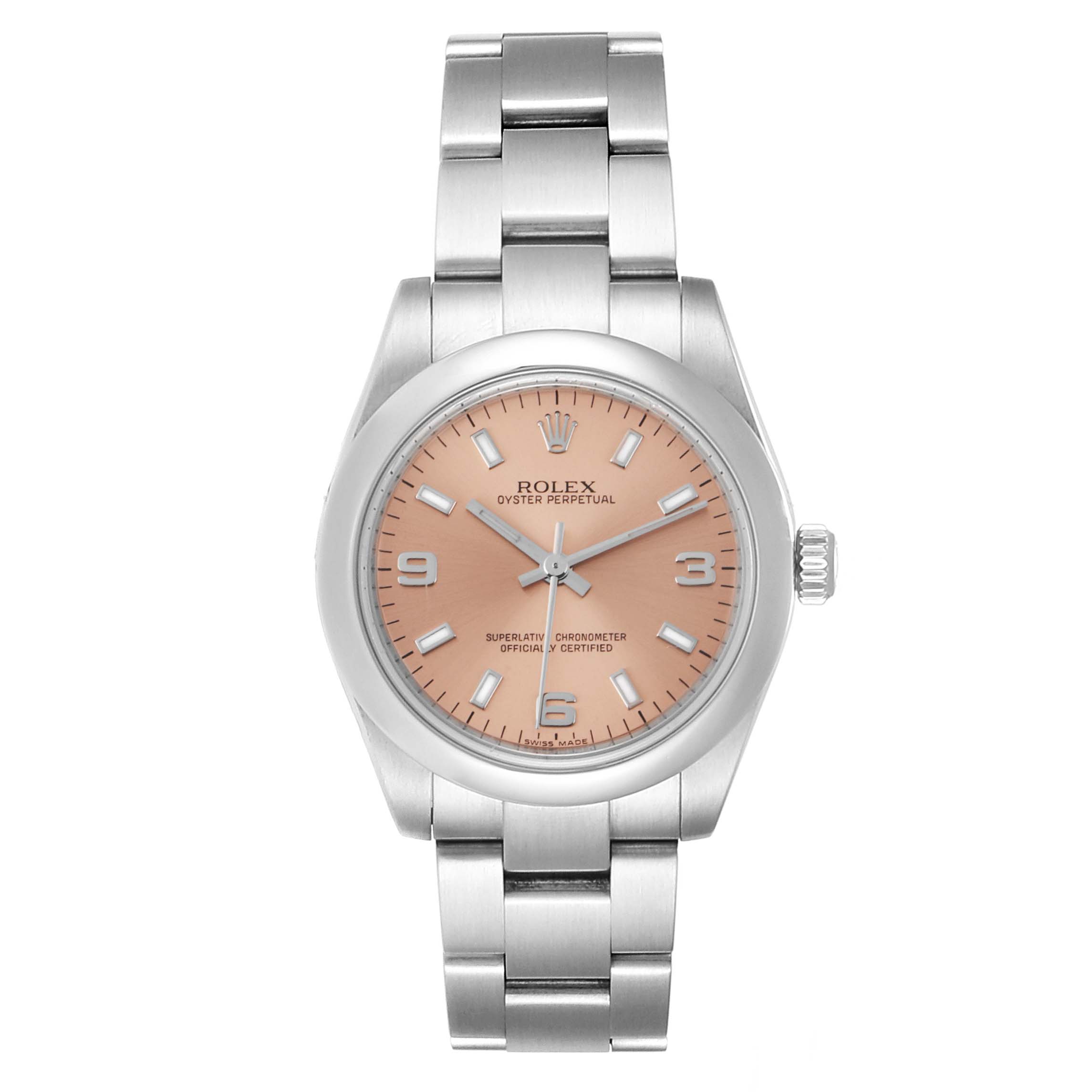 The image shows a front view of a Rolex Oyster Perpetual Mid-Size watch with a pink dial and stainless steel bracelet.