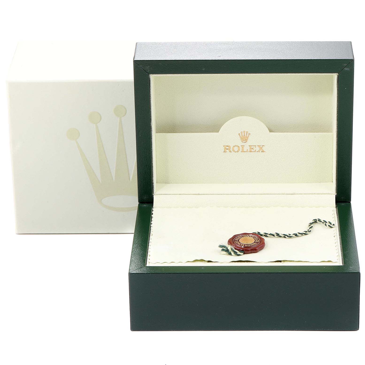 The image shows an empty Rolex Mid-Size 177200 Women
s Stainless Steel Pink Dial 177200 Women
s Stainless Steel Pink Dial watch box with the brand insignia and a tag inside.