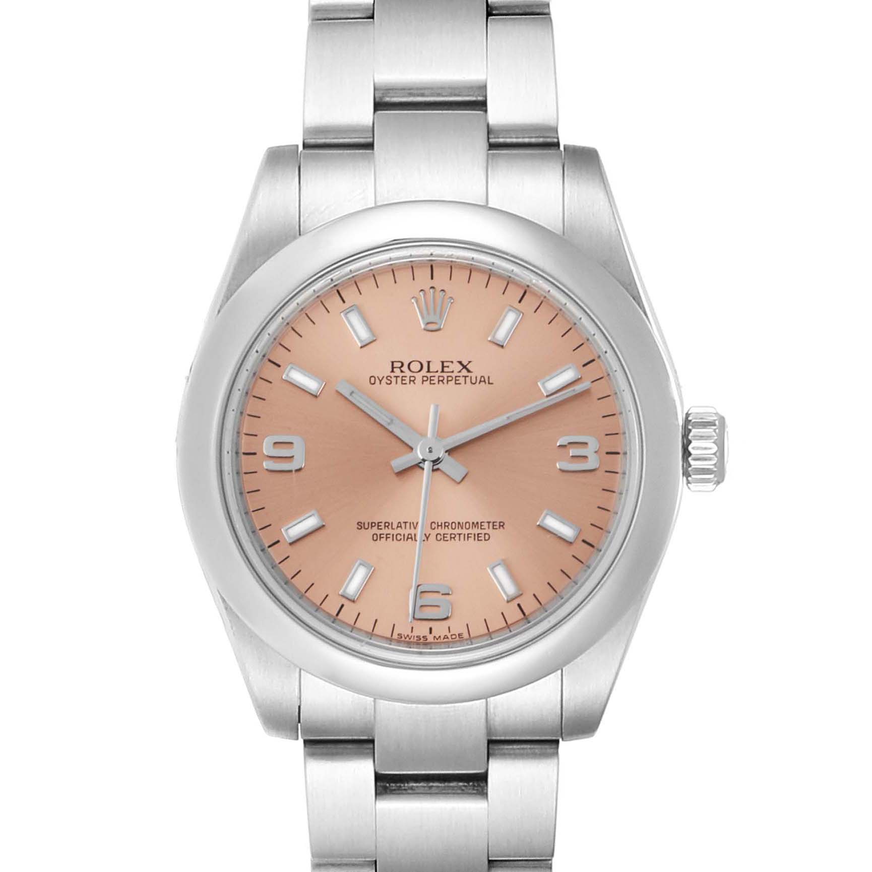 The image shows a front view of a Rolex Oyster Perpetual Mid-Size watch, displaying the dial, case, and bracelet.