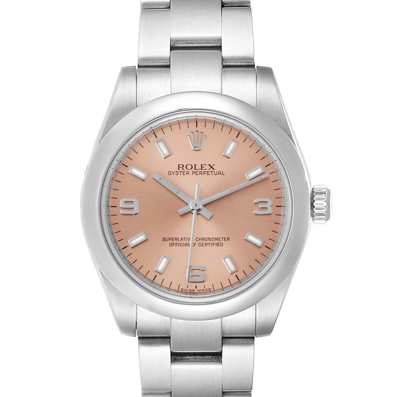 Rolex Midsize 31 Salmon Dial Domed Bezel Steel Ladies Watch 177200 SwissWatchExpo