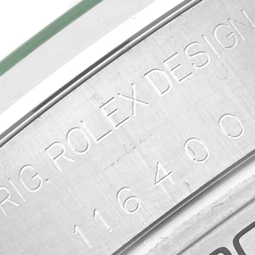 The image shows a close-up of the engraved serial number and design name on the case of a Rolex Milgauss 116400GV Men's Stainless Steel Blue Dial 116400GV Men's Stainless Steel Blue Dial watch.