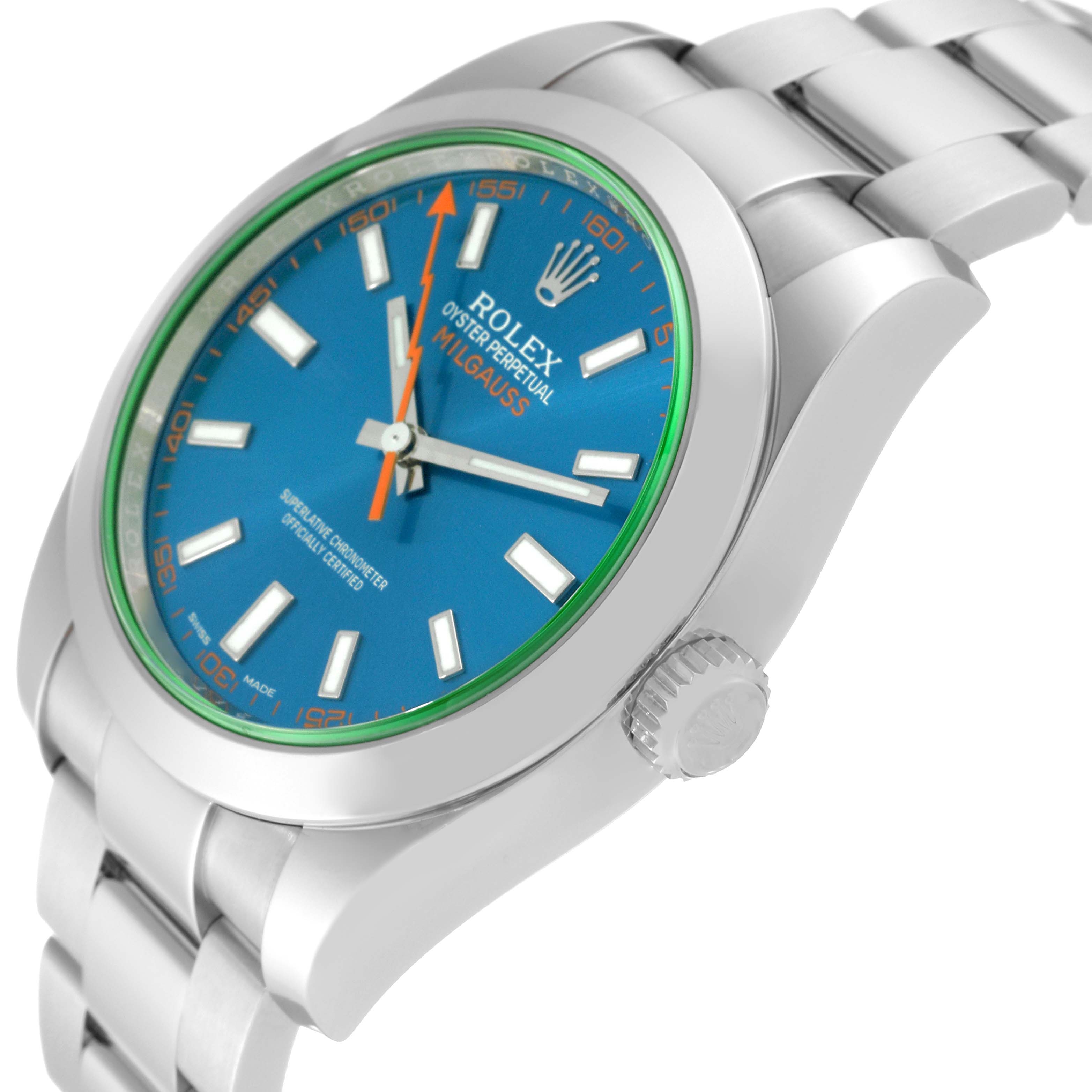 The image shows an angled view of the face and crown of a Rolex Milgauss 116400GV Men's Stainless Steel Blue Dial 116400GV Men's Stainless Steel Blue Dial watch with a blue dial.