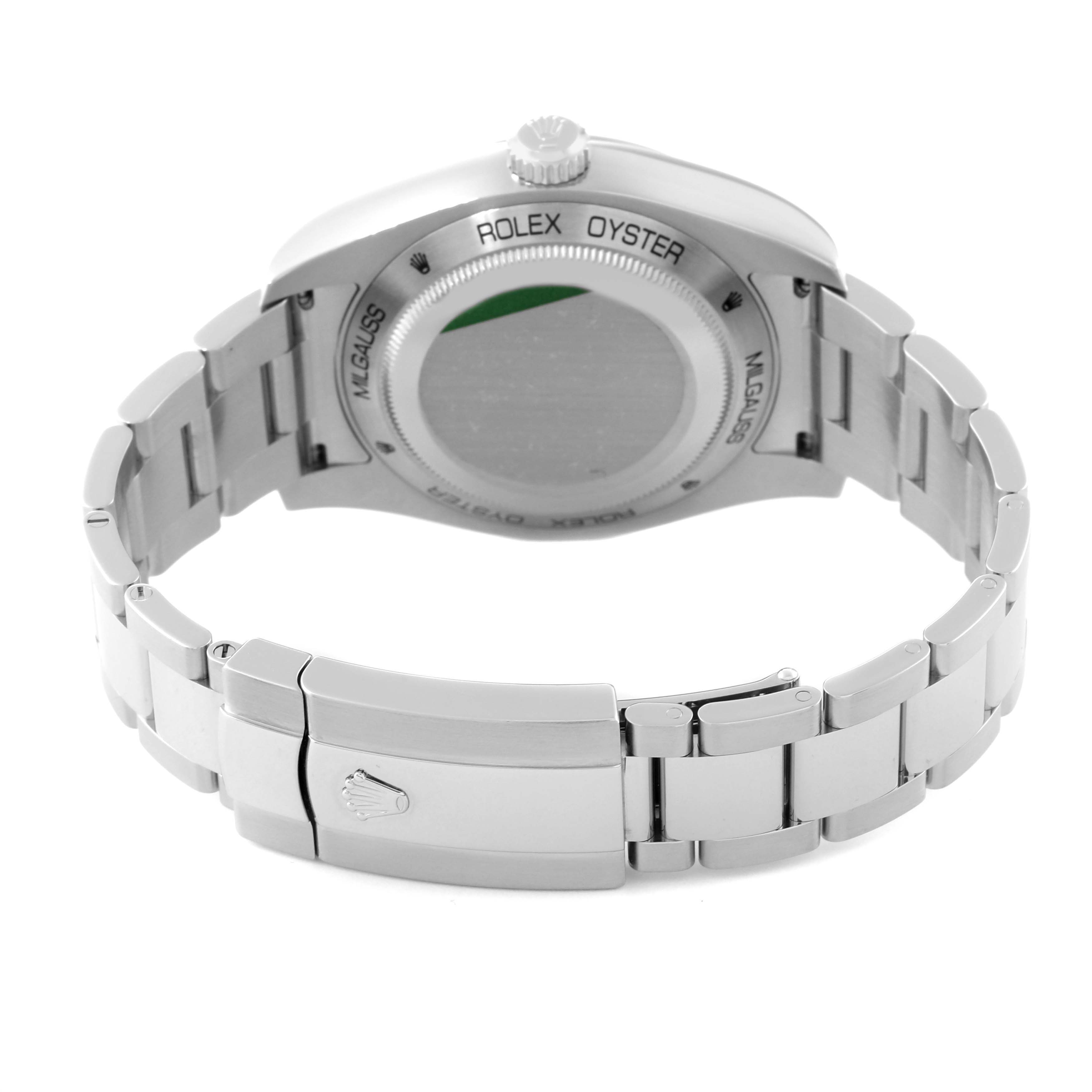 The image shows the back of a Rolex Milgauss 116400GV Men's Stainless Steel Blue Dial 116400GV Men's Stainless Steel Blue Dial watch, highlighting the case back, bracelet, and clasp.