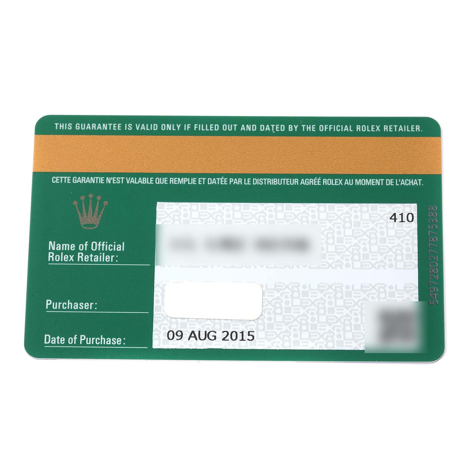 The image shows the warranty card for the Rolex Milgauss 116400GV Men's Stainless Steel Blue Dial 116400GV Men's Stainless Steel Blue Dial, including the retailer's name, purchaser, and date of purchase.