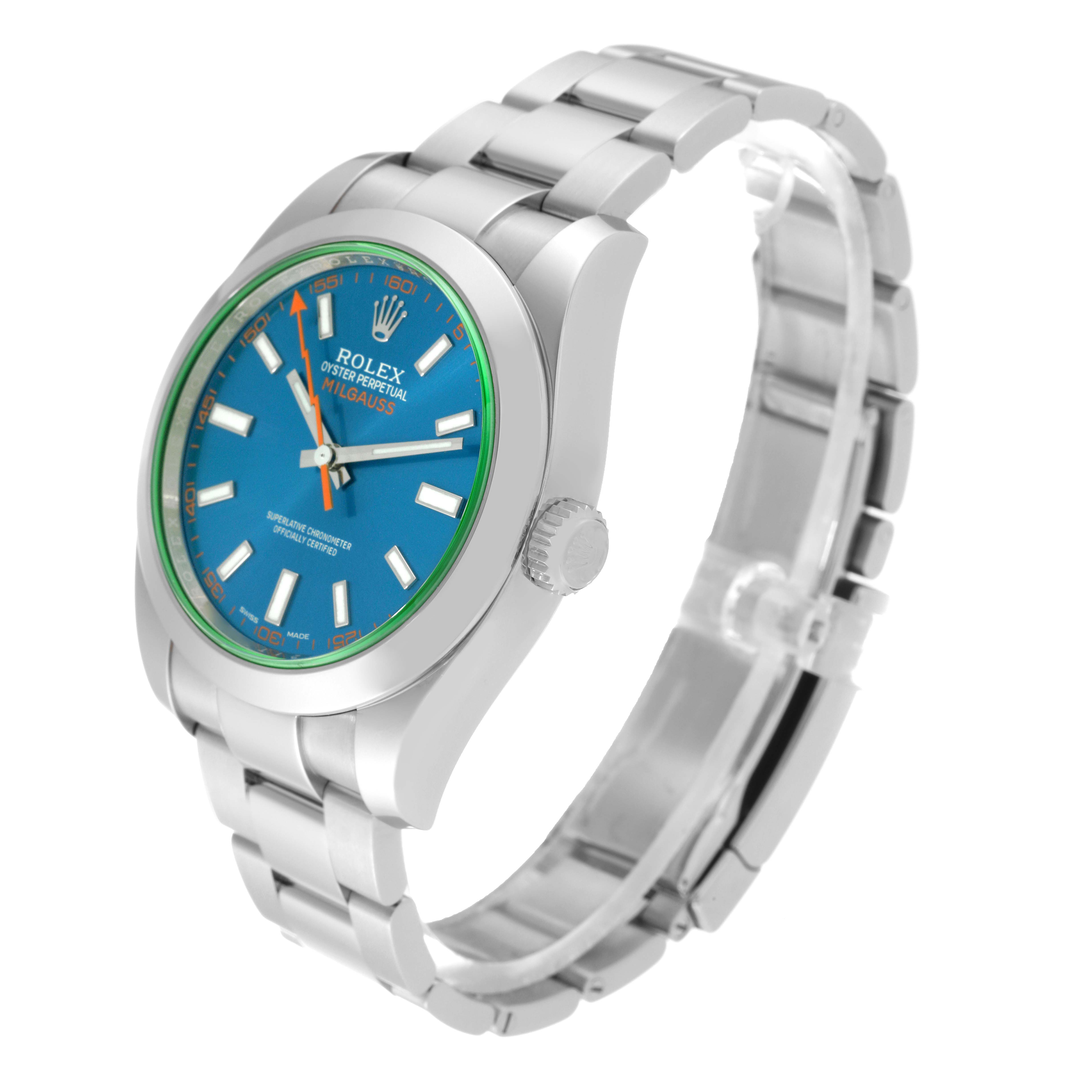 The Rolex Milgauss 116400GV Men's Stainless Steel Blue Dial 116400GV Men's Stainless Steel Blue Dial watch is shown from an angled side view, highlighting its face, bezel, and bracelet.
