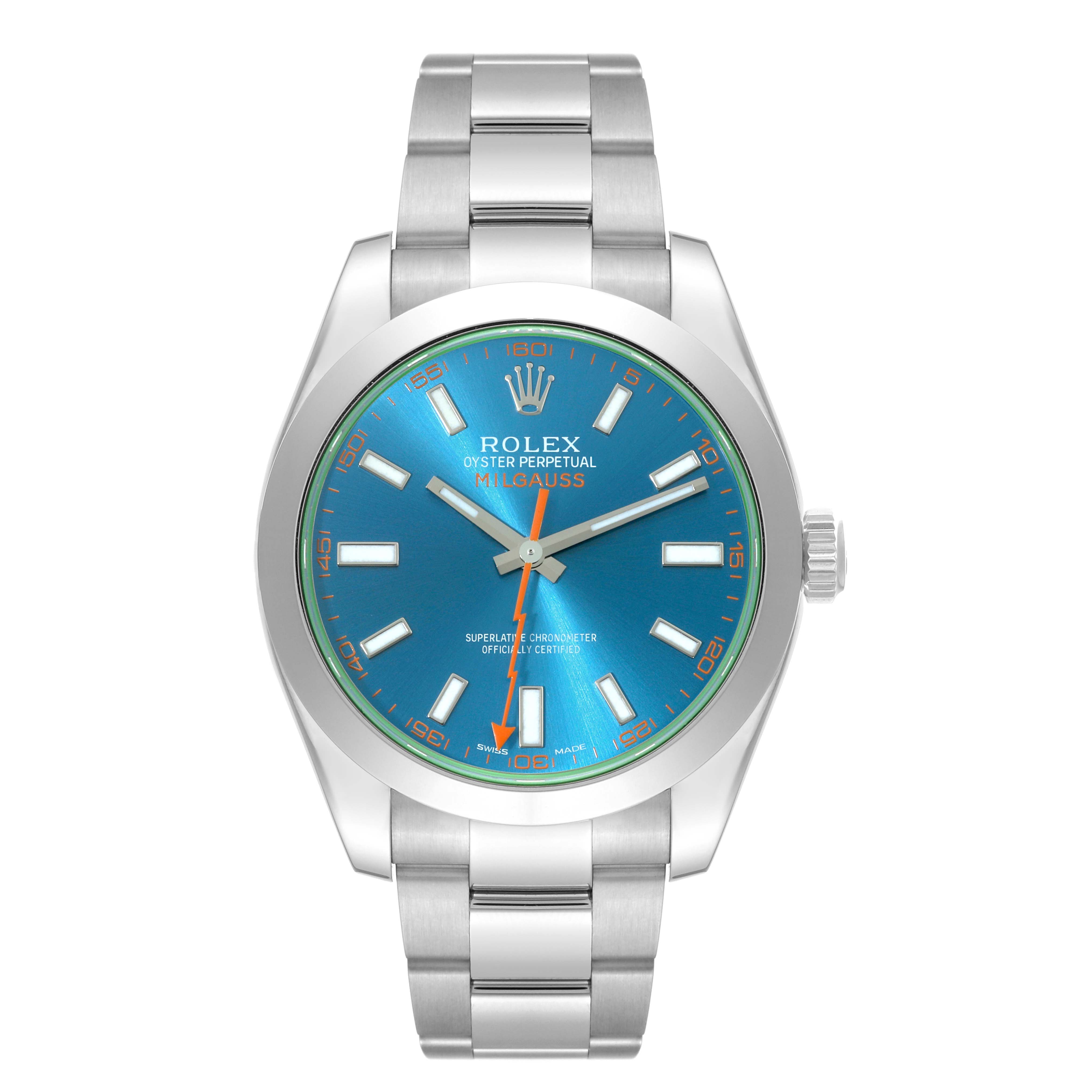 This image shows a front view of the Rolex Milgauss 116400GV Men's Stainless Steel Blue Dial 116400GV Men's Stainless Steel Blue Dial watch, displaying its blue dial, stainless steel case, and bracelet.