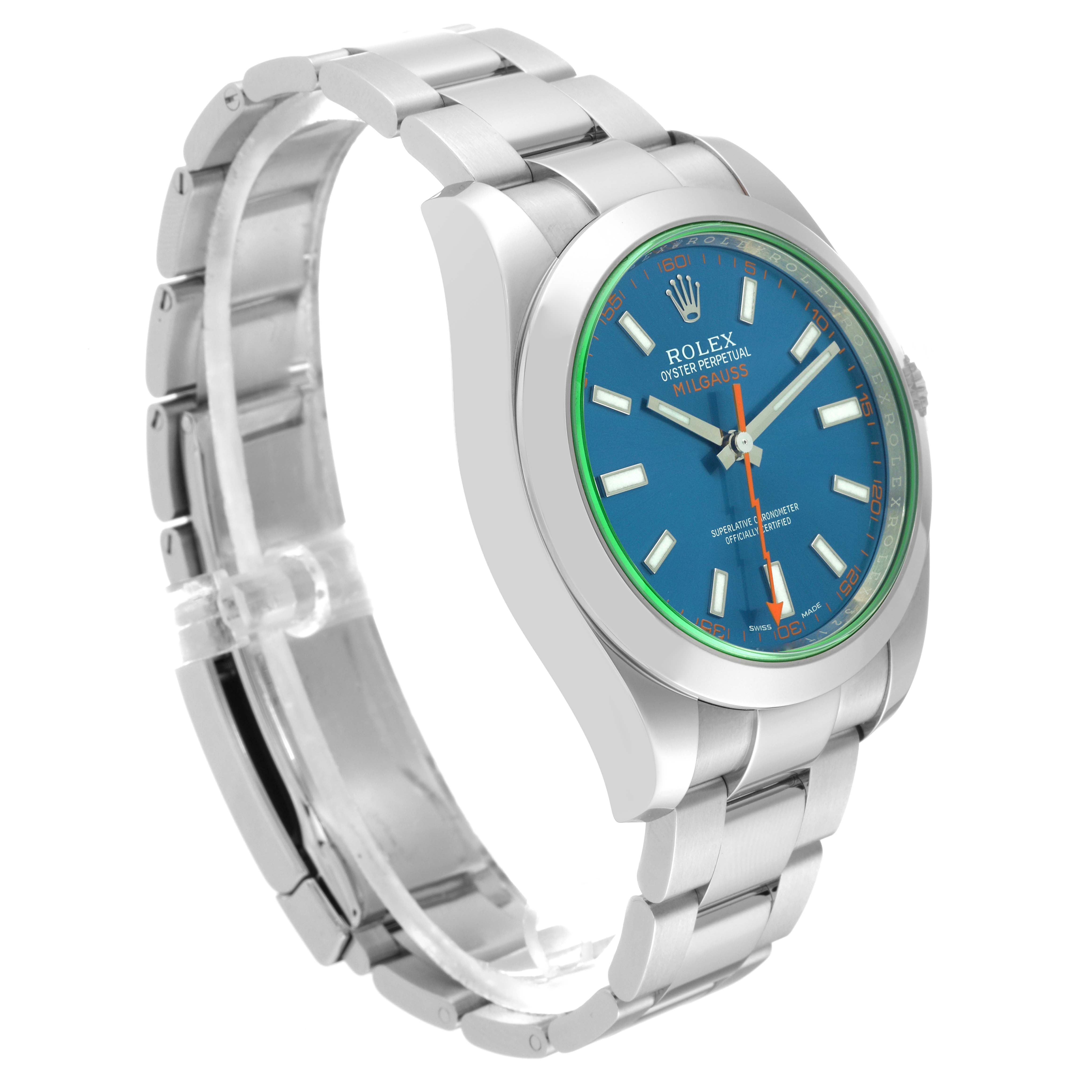 The Rolex Milgauss 116400GV Men's Stainless Steel Blue Dial 116400GV Men's Stainless Steel Blue Dial watch is shown at a three-quarter angle, featuring its bracelet, clasp, and blue dial with an orange second hand.