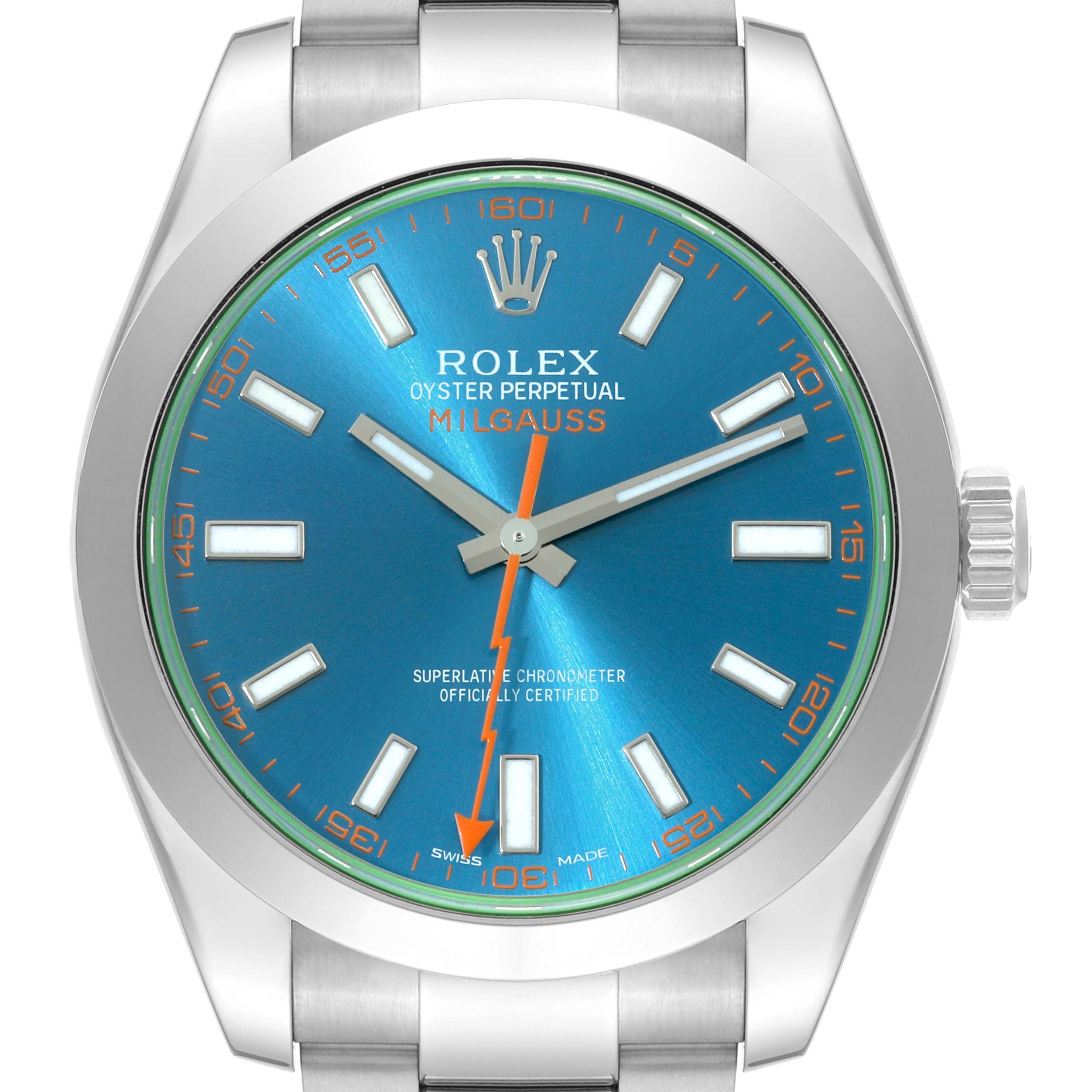 The image shows a frontal view of the Rolex Milgauss 116400GV Men's Stainless Steel Blue Dial 116400GV Men's Stainless Steel Blue Dial watch, highlighting its blue dial, orange seconds hand, and stainless steel case.