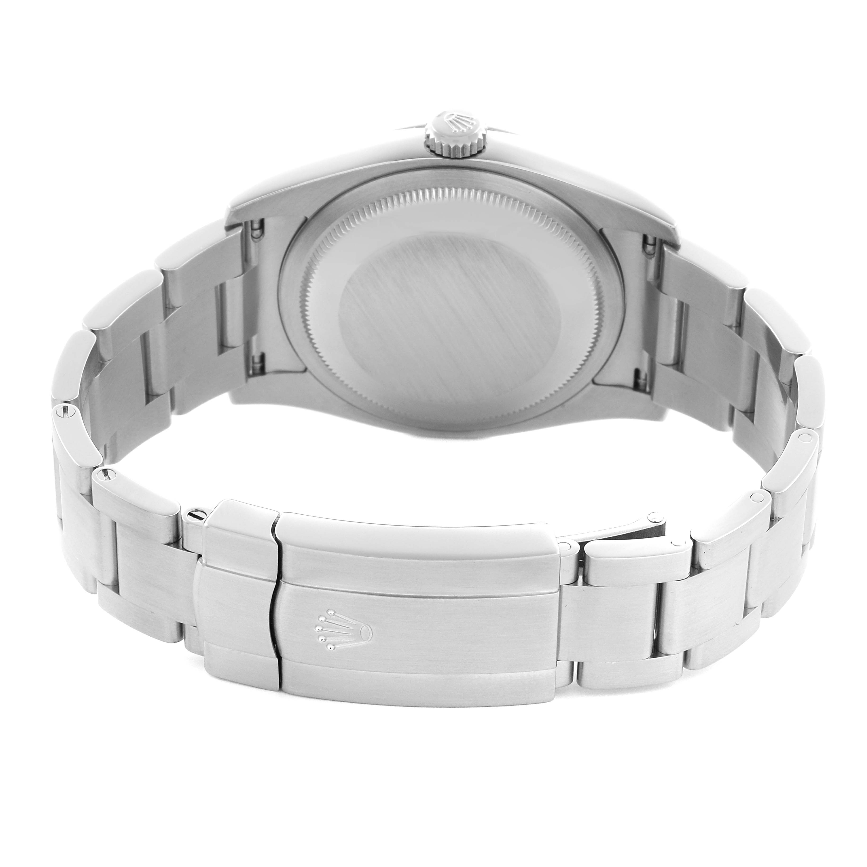 The image shows the back of a Rolex Oyster Perpetual 116000 Men
s Stainless Steel Silver Dial 116000 Men
s Stainless Steel Silver Dial watch, highlighting the case back and bracelet with clasp.