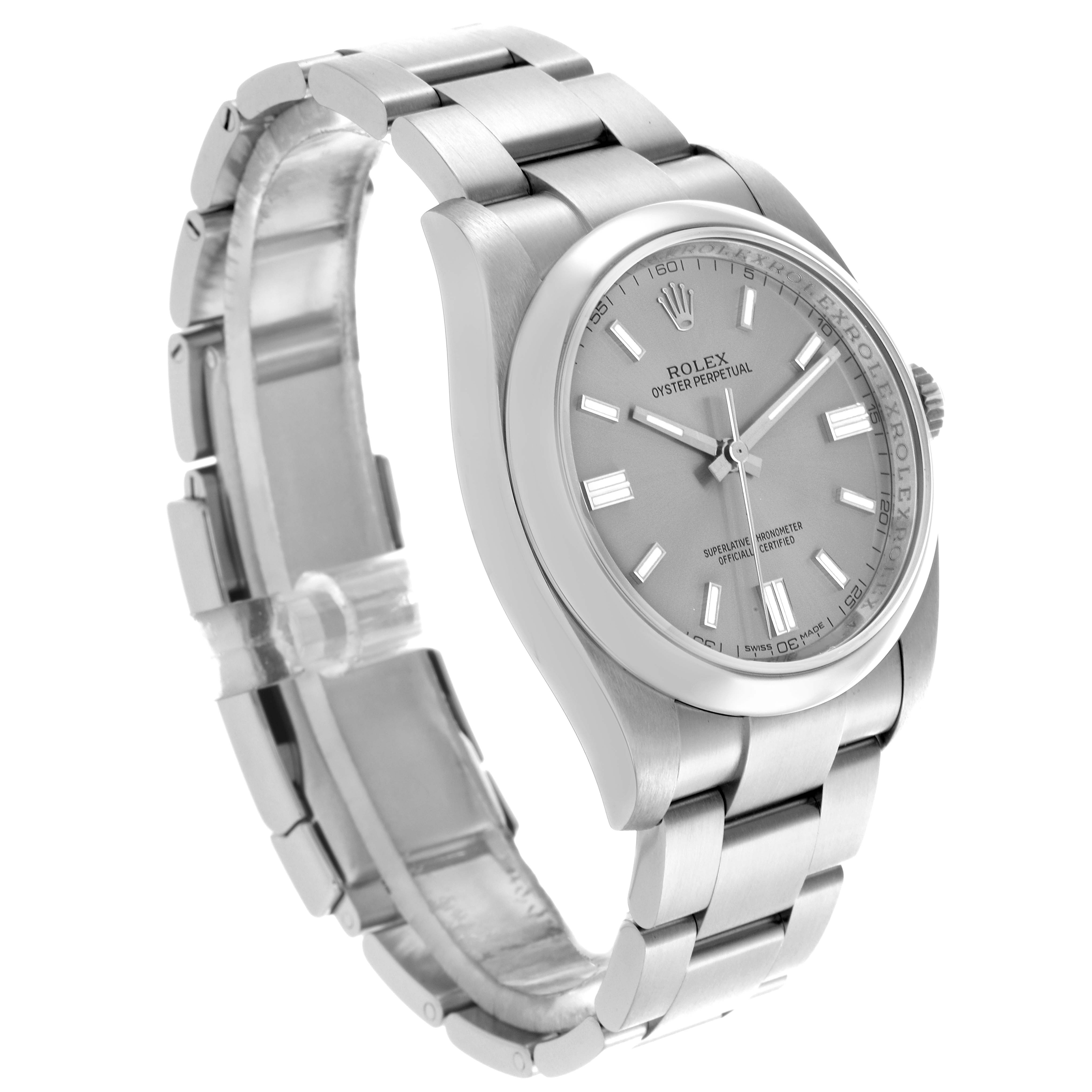 The Rolex Oyster Perpetual 116000 Men
s Stainless Steel Silver Dial 116000 Men
s Stainless Steel Silver Dial is shown from an angle highlighting the face, bracelet, and side profile.