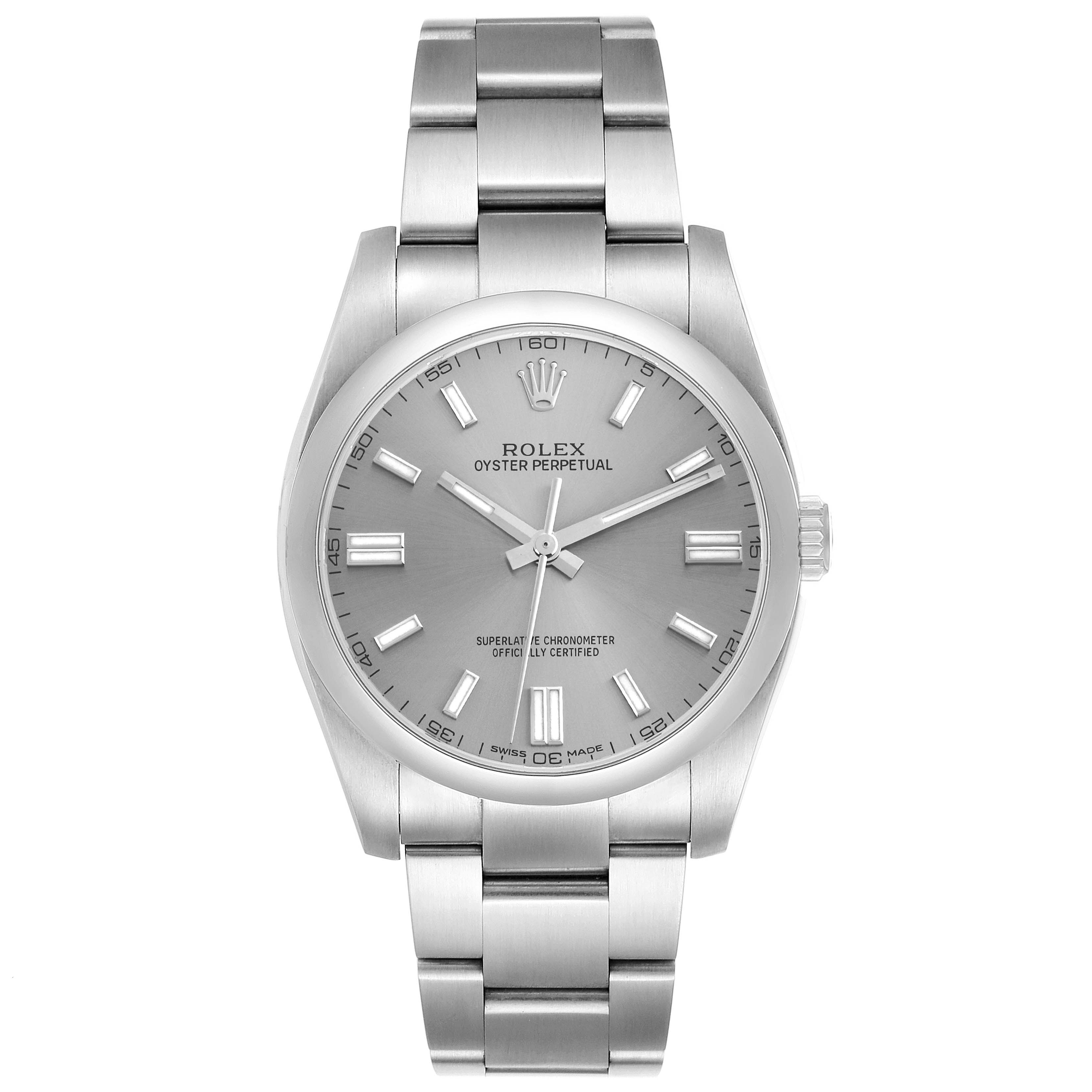 The Rolex Oyster Perpetual 116000 Men
s Stainless Steel Silver Dial 116000 Men
s Stainless Steel Silver Dial watch is shown from a front angle, highlighting its face, bezel, and bracelet.