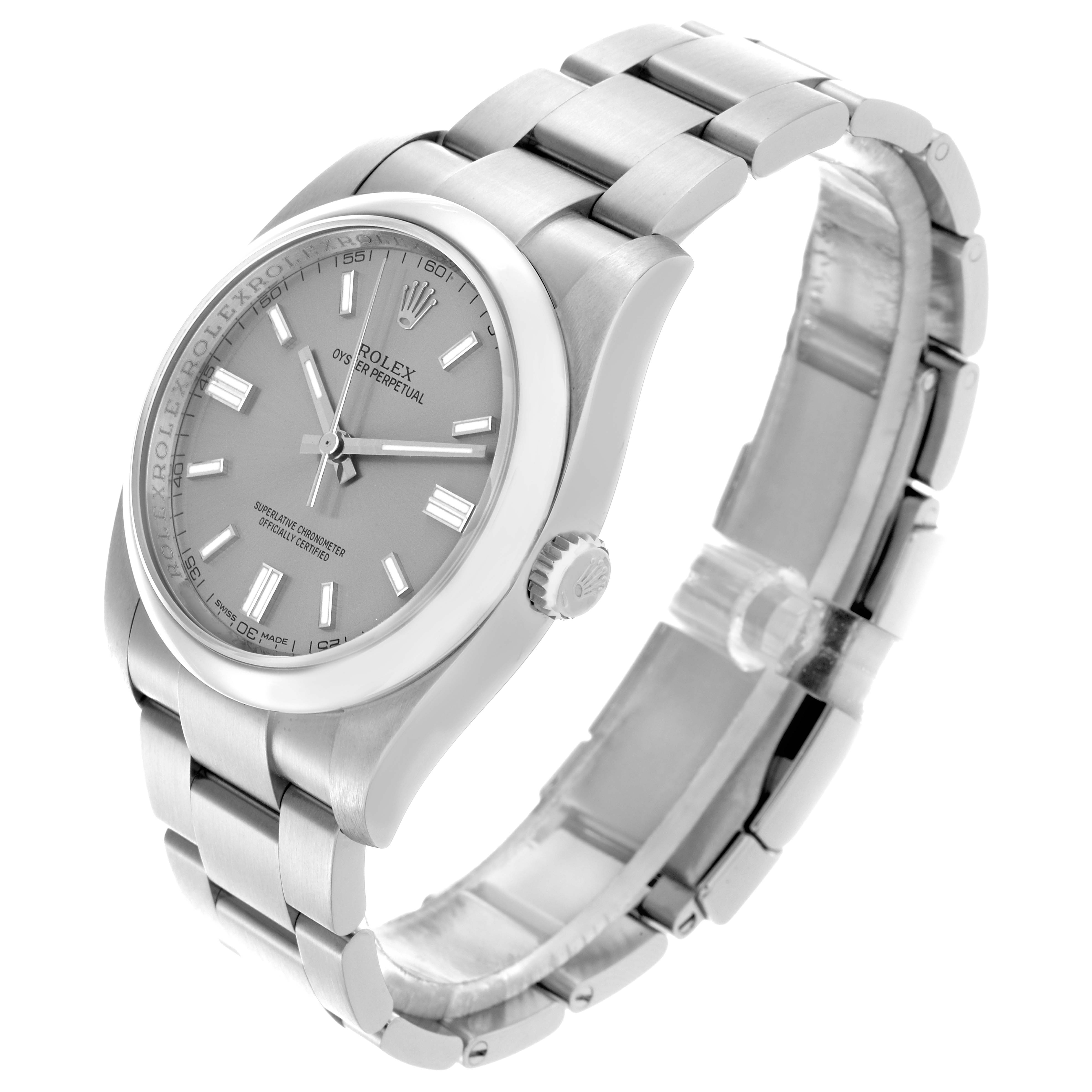 The Rolex Oyster Perpetual 116000 Men
s Stainless Steel Silver Dial 116000 Men
s Stainless Steel Silver Dial watch is shown at a three-quarter angle, highlighting the dial, bezel, crown, and bracelet.