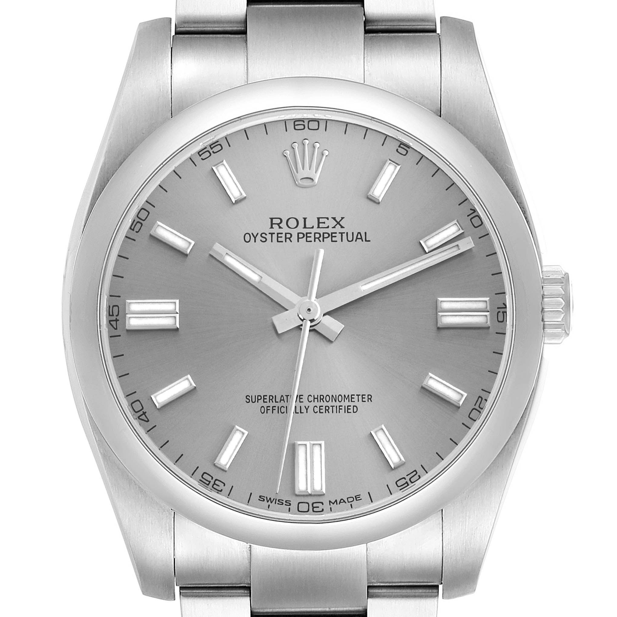 The Rolex Oyster Perpetual 116000 Men
s Stainless Steel Silver Dial 116000 Men
s Stainless Steel Silver Dial watch is shown from the front, displaying the dial, hour markers, hands, and crown.