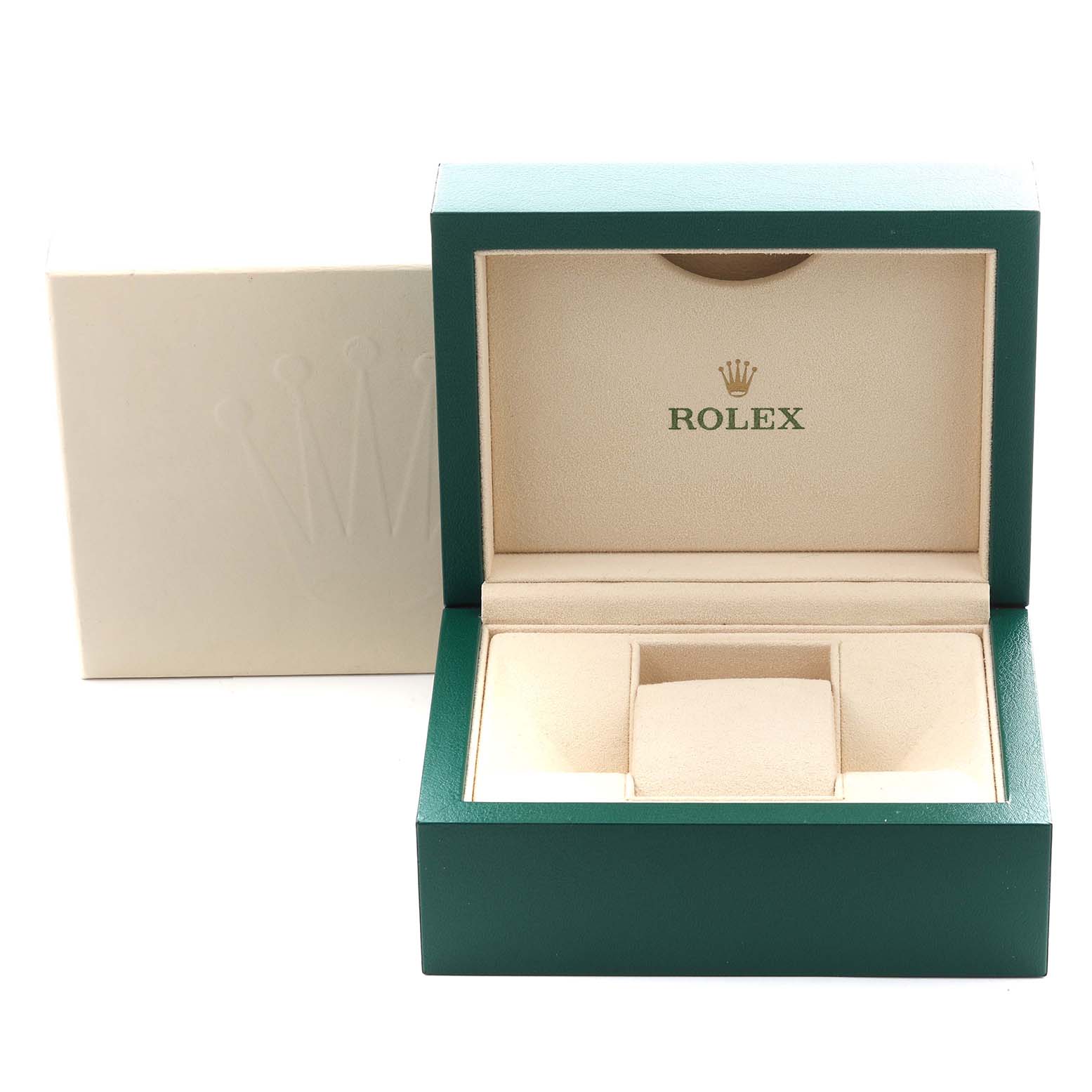 The image shows an open green Rolex Oyster Perpetual 116000 Men
s Stainless Steel Silver Dial 116000 Men
s Stainless Steel Silver Dial watch box with the logo inside.