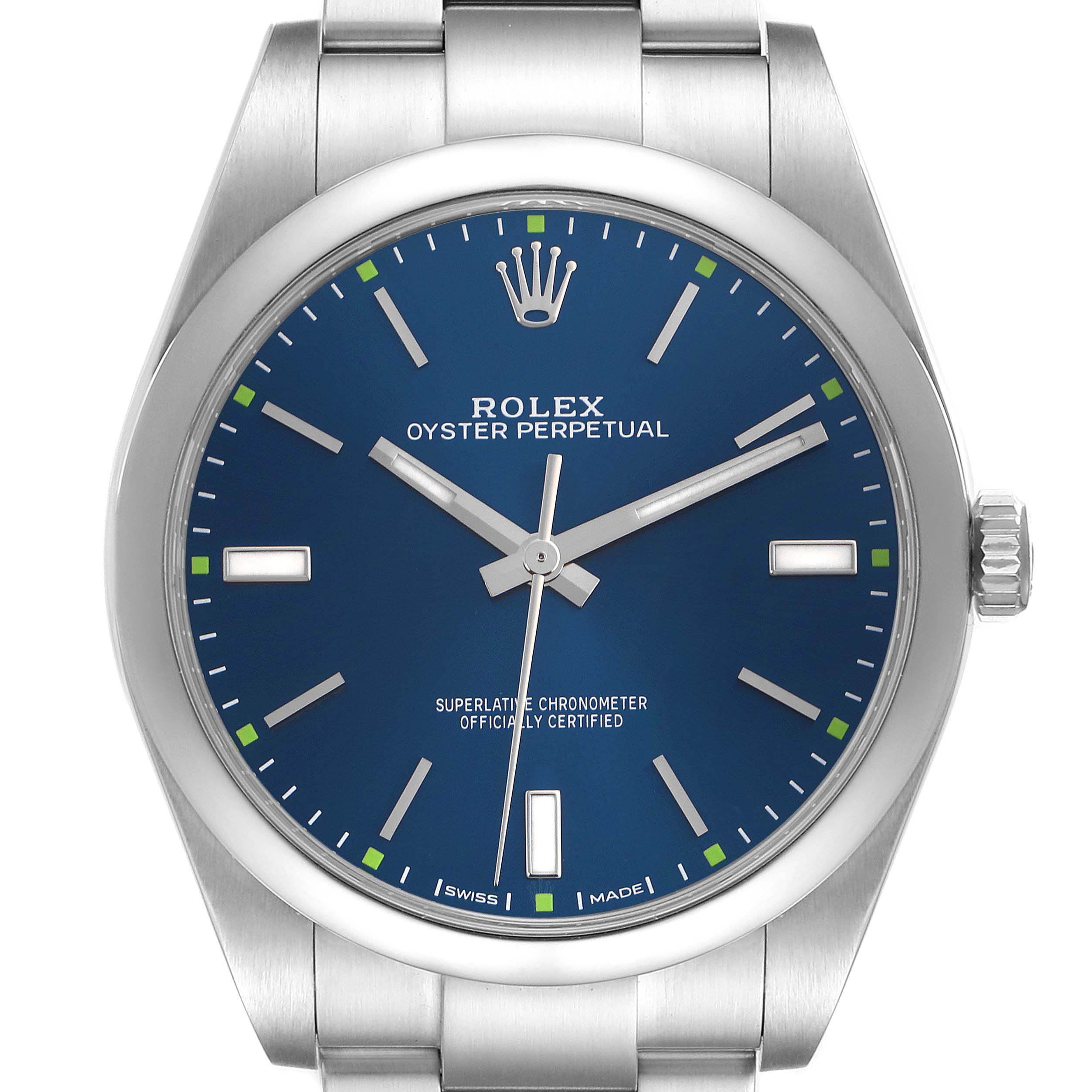 The Rolex Oyster Perpetual 114300 Men
s Stainless Steel Blue Dial 114300 Men
s Stainless Steel Blue Dial watch is shown from the front, displaying the dial, hands, and part of the bracelet.