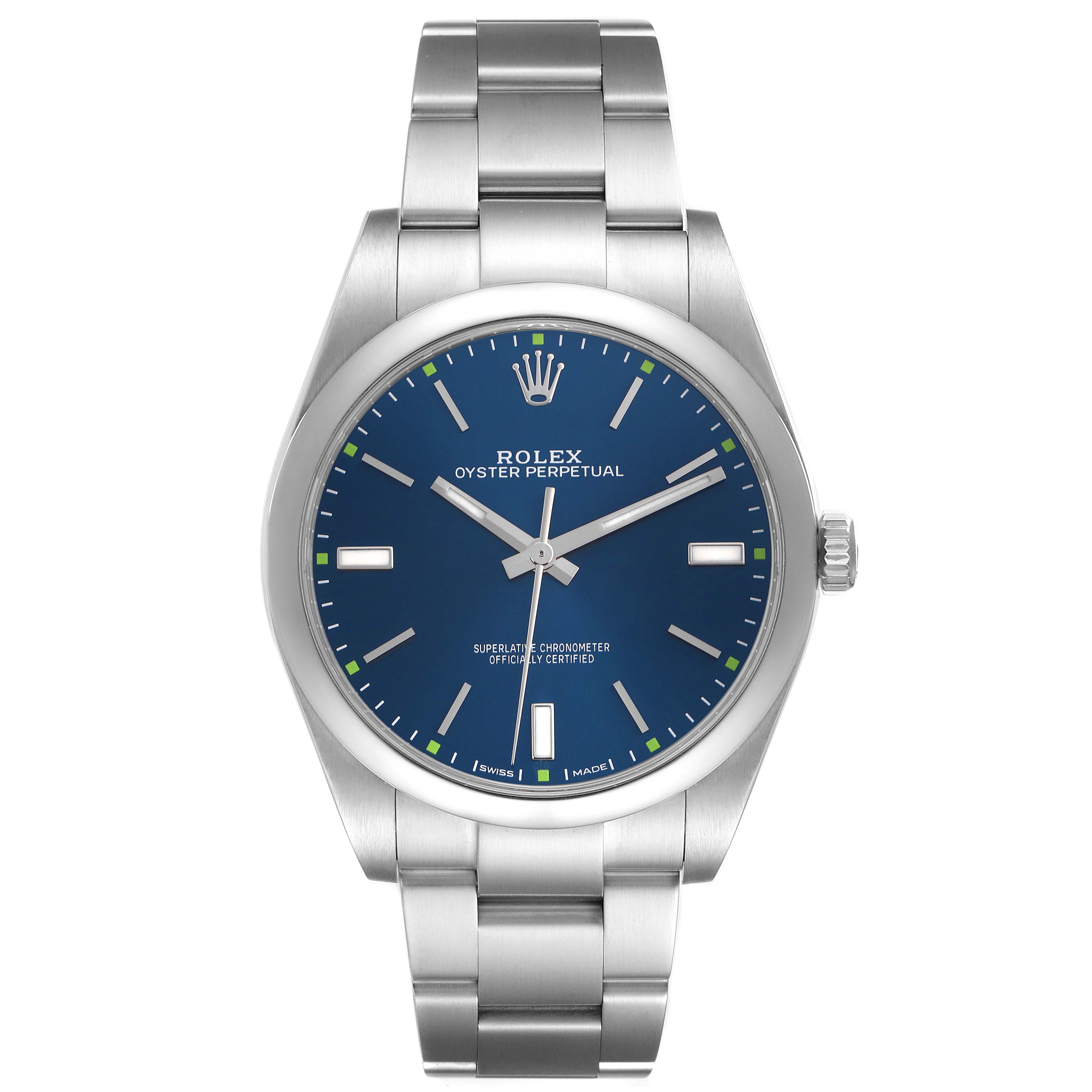The Rolex Oyster Perpetual 114300 Men
s Stainless Steel Blue Dial 114300 Men
s Stainless Steel Blue Dial watch is shown from the front, displaying the dial, case, and bracelet.