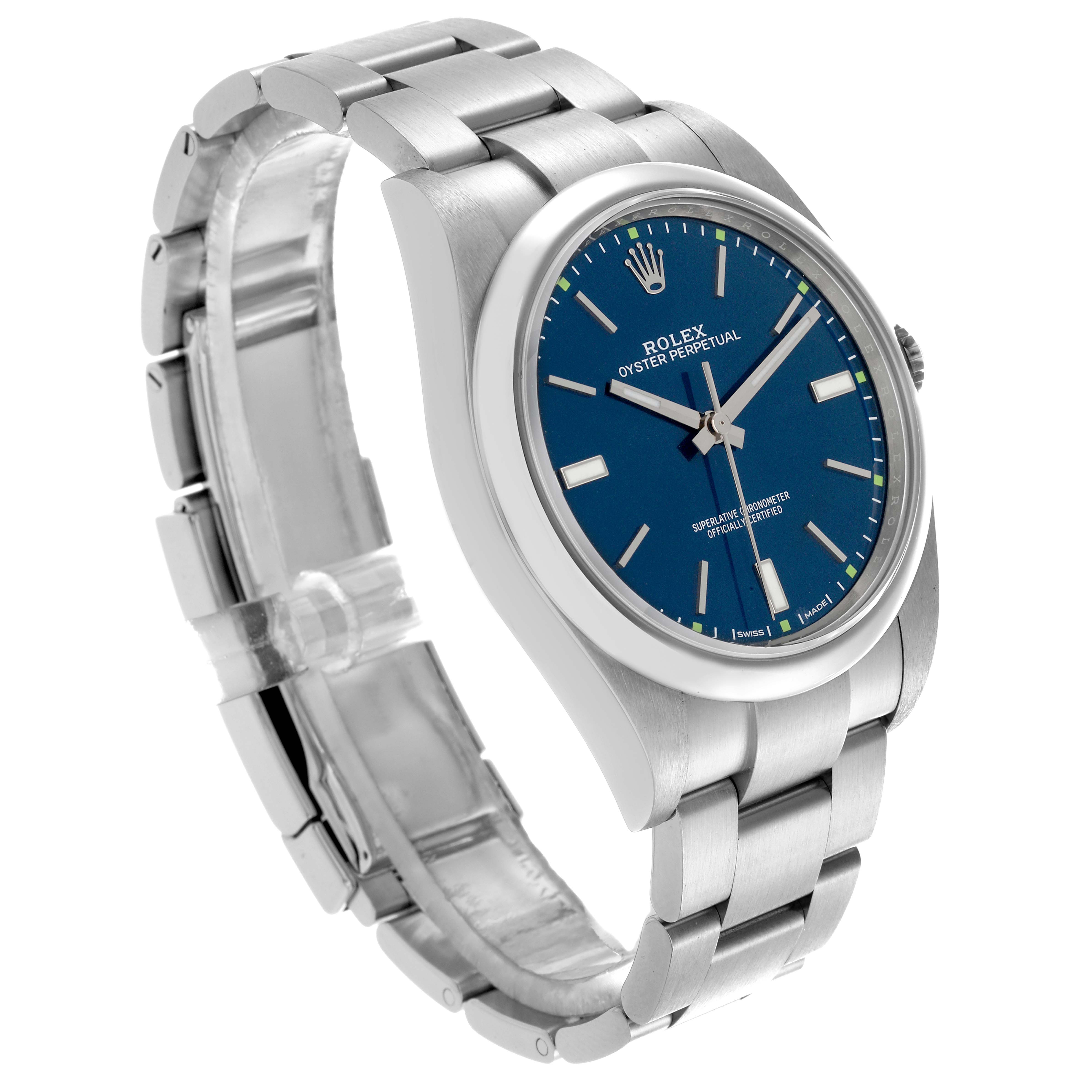 The Rolex Oyster Perpetual 114300 Men
s Stainless Steel Blue Dial 114300 Men
s Stainless Steel Blue Dial watch is shown at a slight angle, featuring the case, blue dial, hands, bracelet, and clasp.