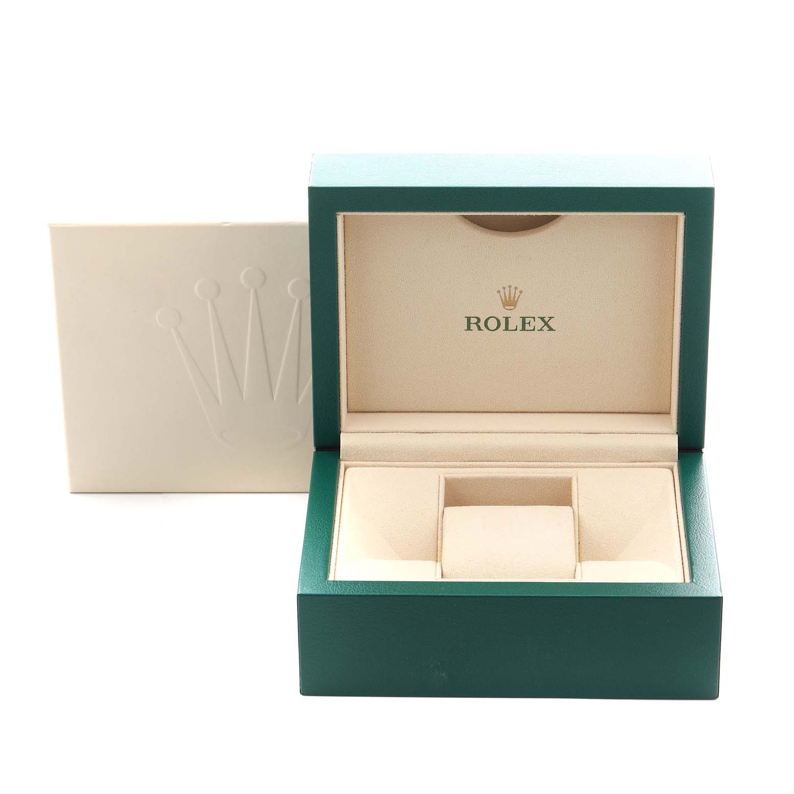 The image shows a Rolex Oyster Perpetual 114300 Men
s Stainless Steel Blue Dial 114300 Men
s Stainless Steel Blue Dial watch box, featuring a green and beige color scheme with the logo inside.