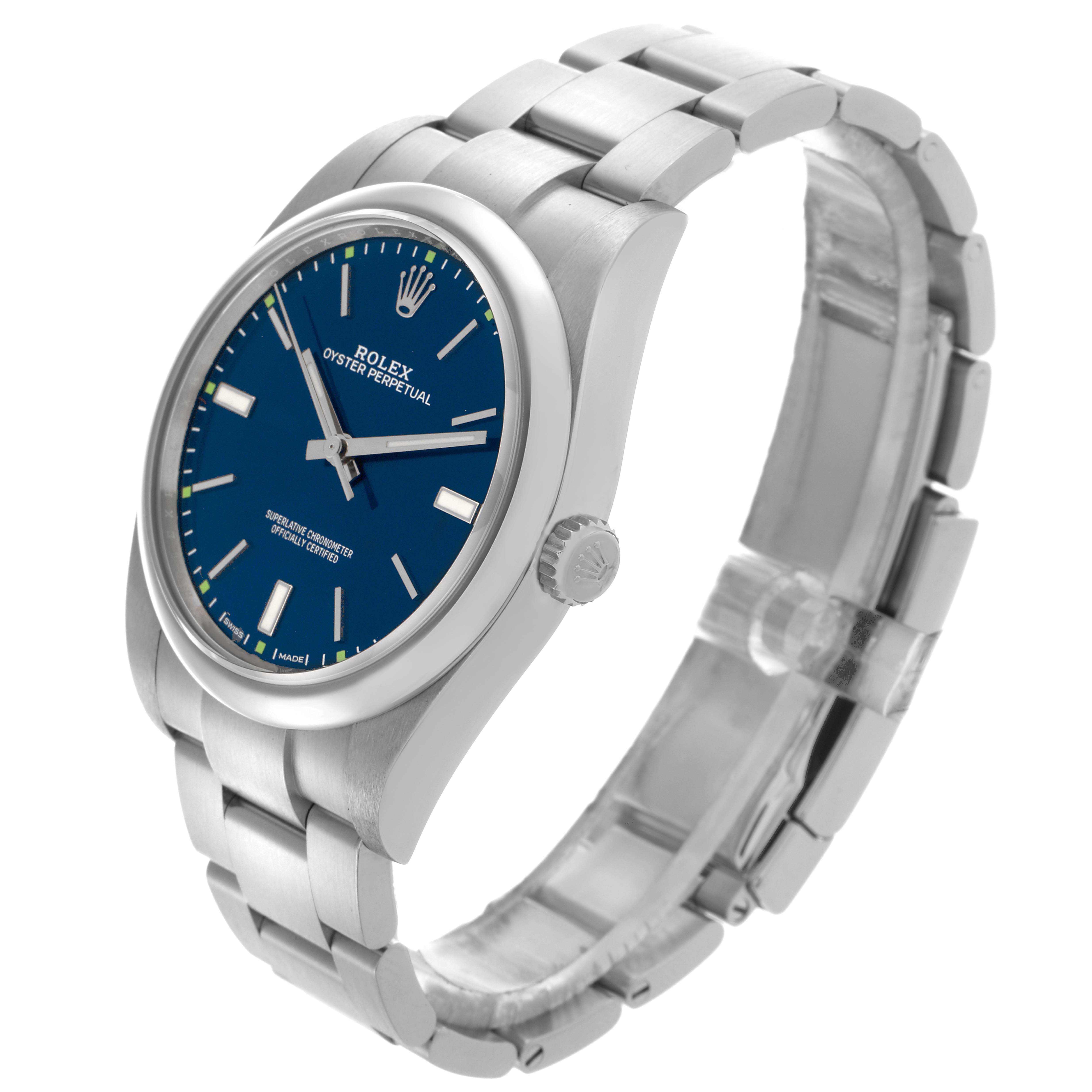 The Rolex Oyster Perpetual 114300 Men
s Stainless Steel Blue Dial 114300 Men
s Stainless Steel Blue Dial watch is shown at a three-quarter angle, displaying the blue dial, stainless steel case, and bracelet.