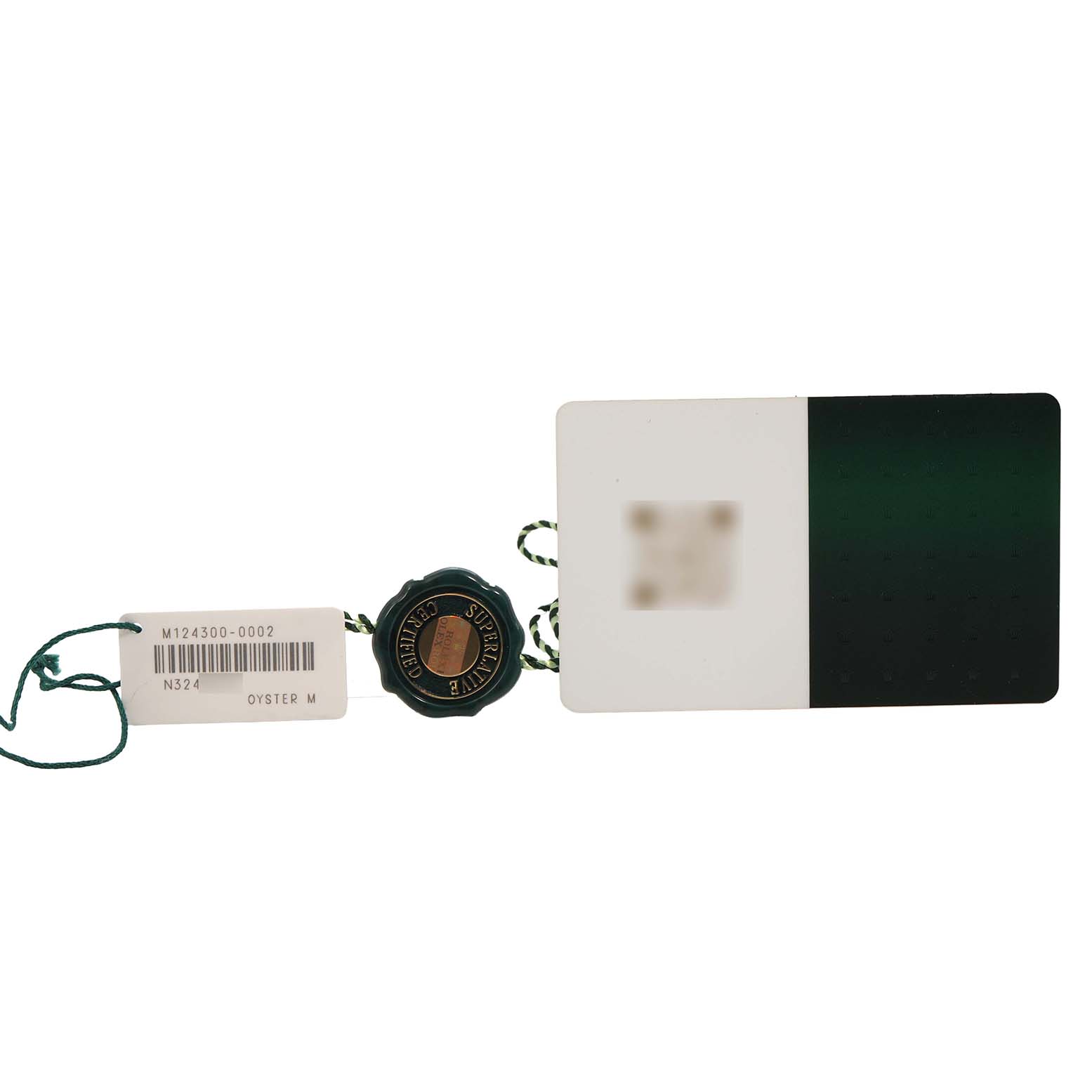 The image shows the tag, serial card, and green seal of a Rolex Oyster Perpetual 124300 Men's Stainless Steel Black Dial watch.