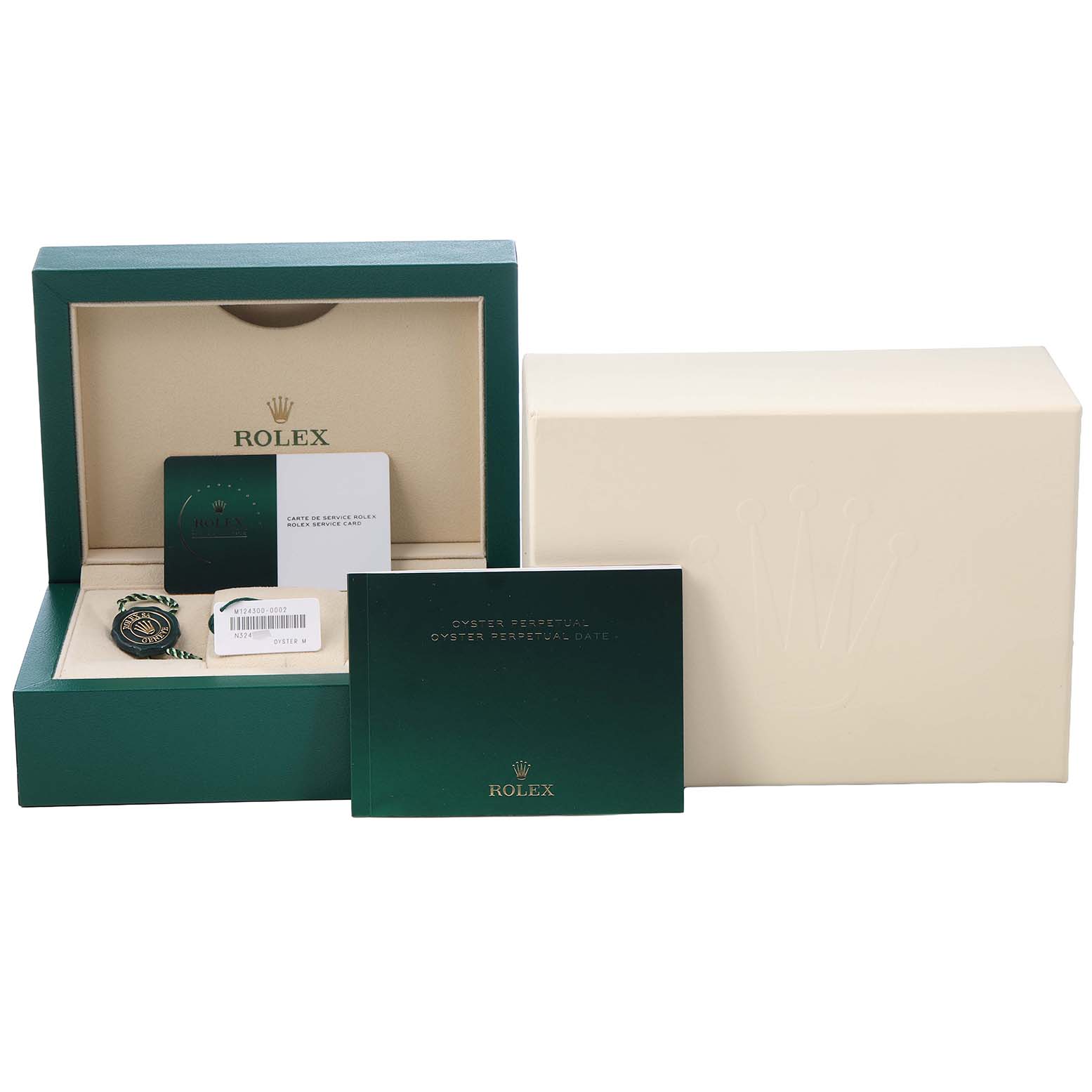The image shows a frontal view of a Rolex Oyster Perpetual 124300 Men's Stainless Steel Black Dial box with accessories like a booklet and guarantee card.