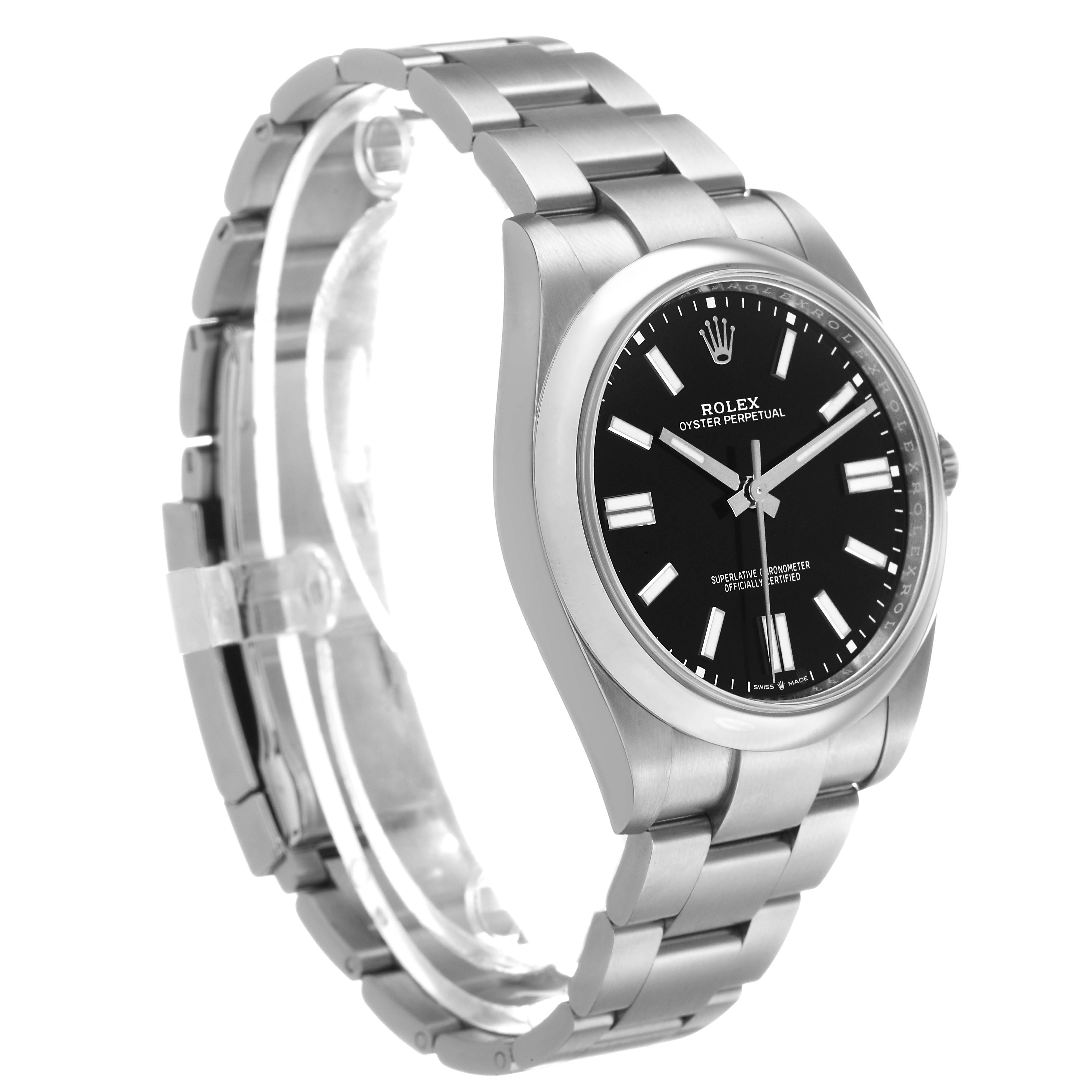 The Rolex Oyster Perpetual 124300 Men's Stainless Steel Black Dial watch is shown at a slight side angle, displaying its dial, bezel, and bracelet.
