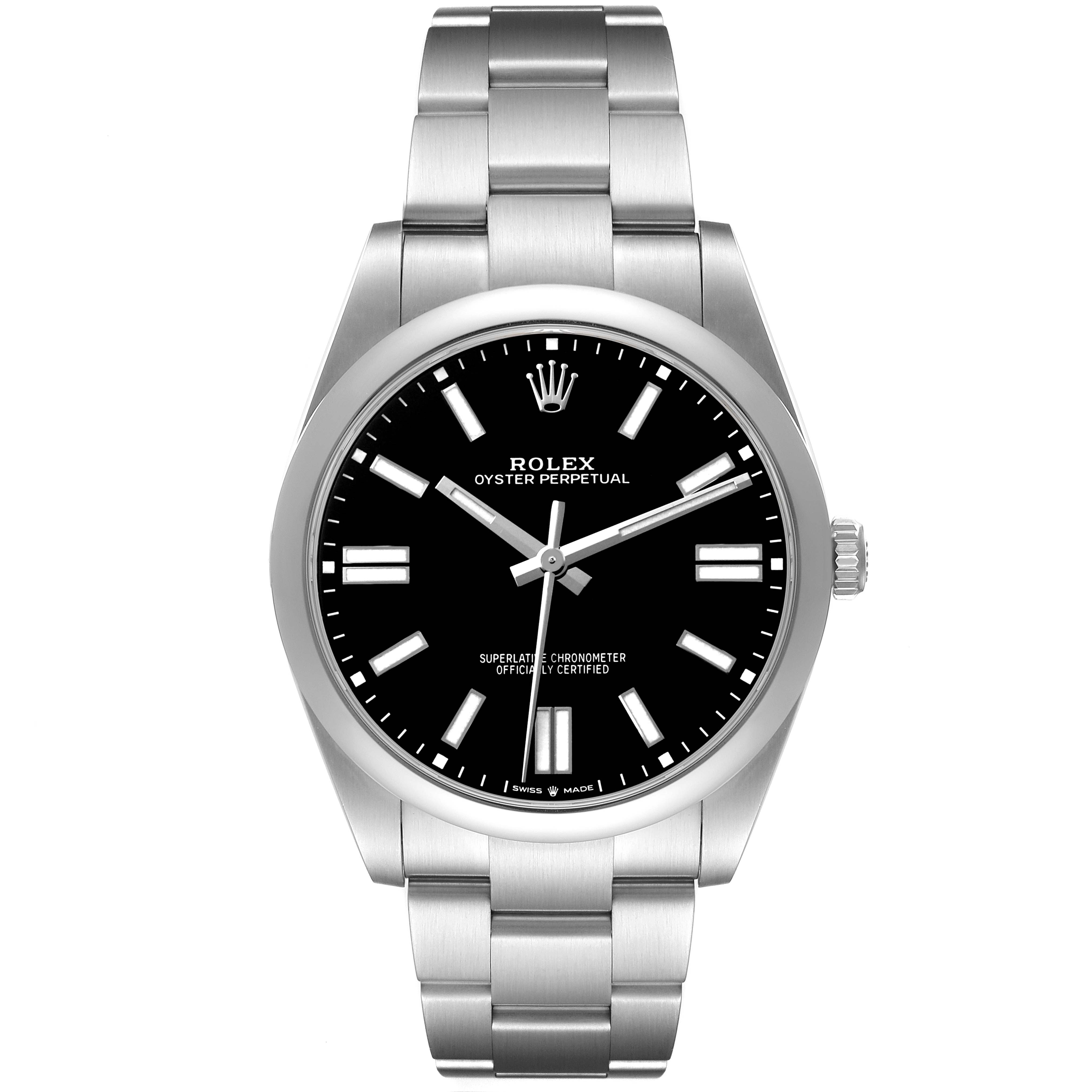 The Rolex Oyster Perpetual 124300 Men's Stainless Steel Black Dial watch is shown from the front, displaying its black dial, silver indices, and metal bracelet.