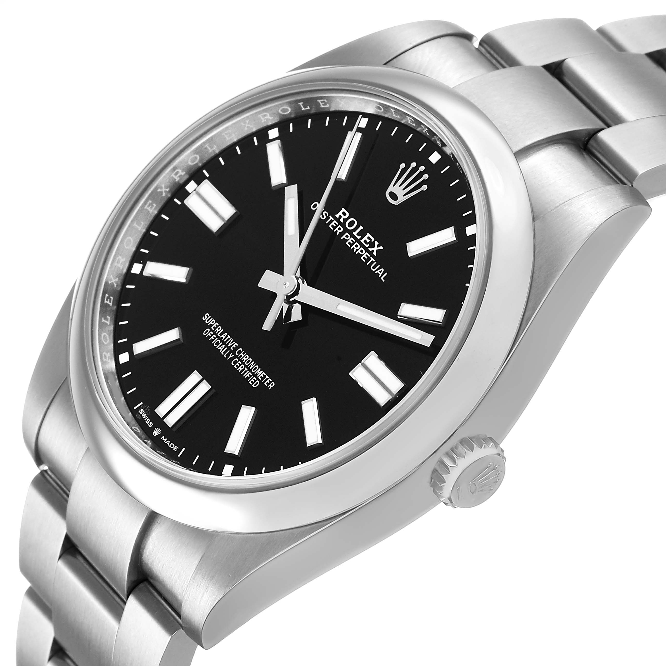 The Rolex Oyster Perpetual 124300 Men's Stainless Steel Black Dial watch is shown at a slight side angle, displaying the face, crown, and part of the bracelet.