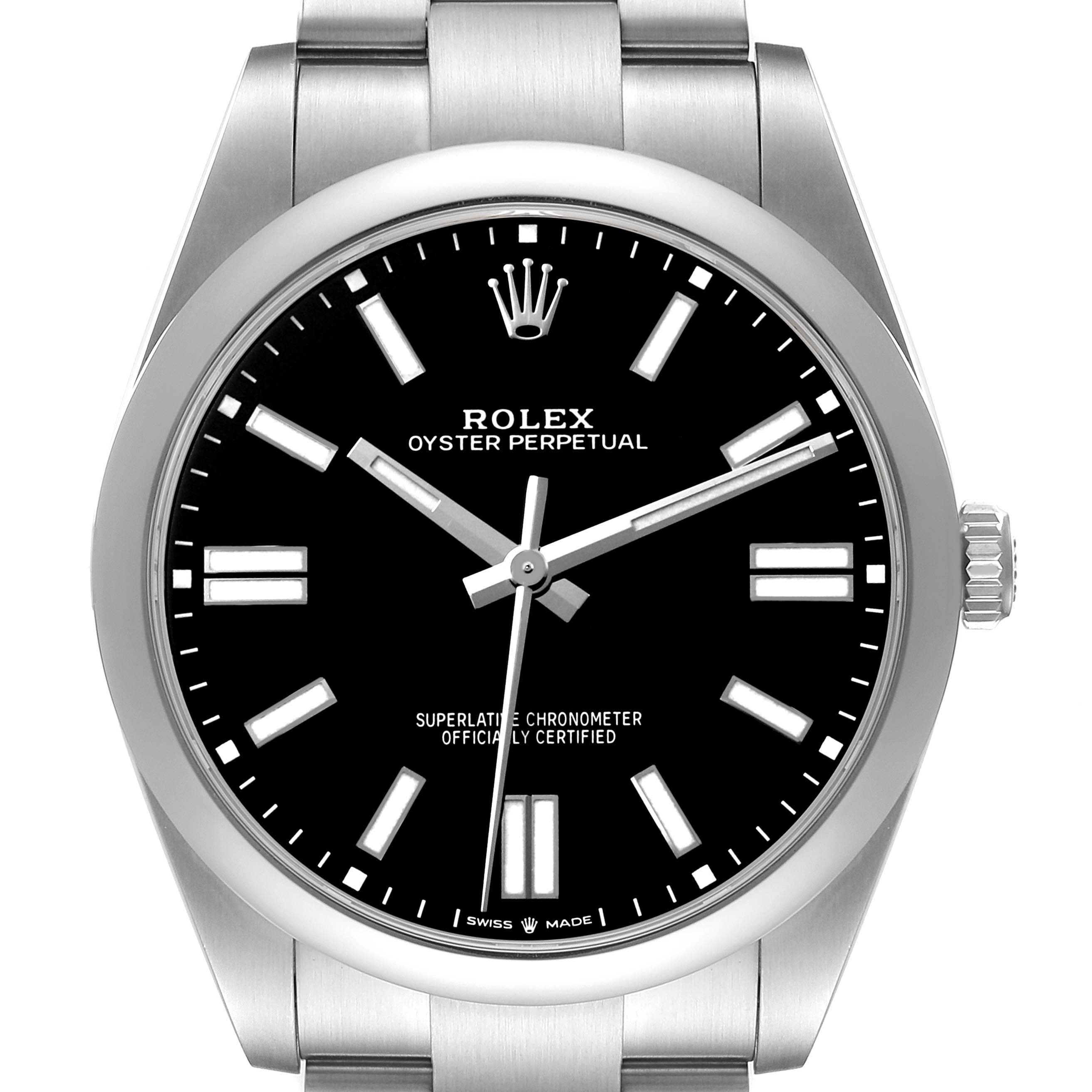 The Rolex Oyster Perpetual 124300 Men's Stainless Steel Black Dial watch is shown from the front, displaying its black dial, silver markers, hands, and part of the bracelet.