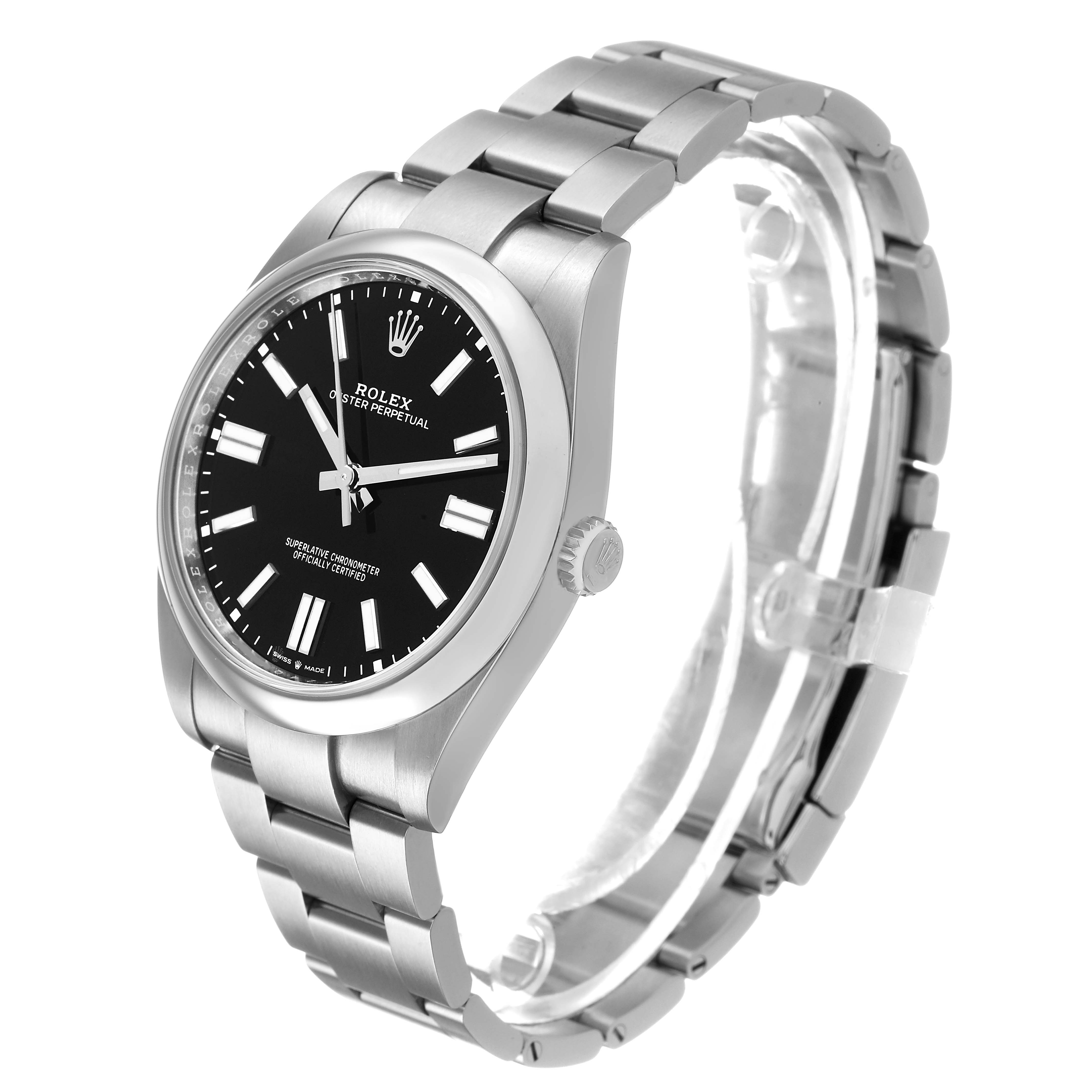 The Rolex Oyster Perpetual 124300 Men's Stainless Steel Black Dial watch is shown at a slight angled view, highlighting the face, bracelet, and crown.