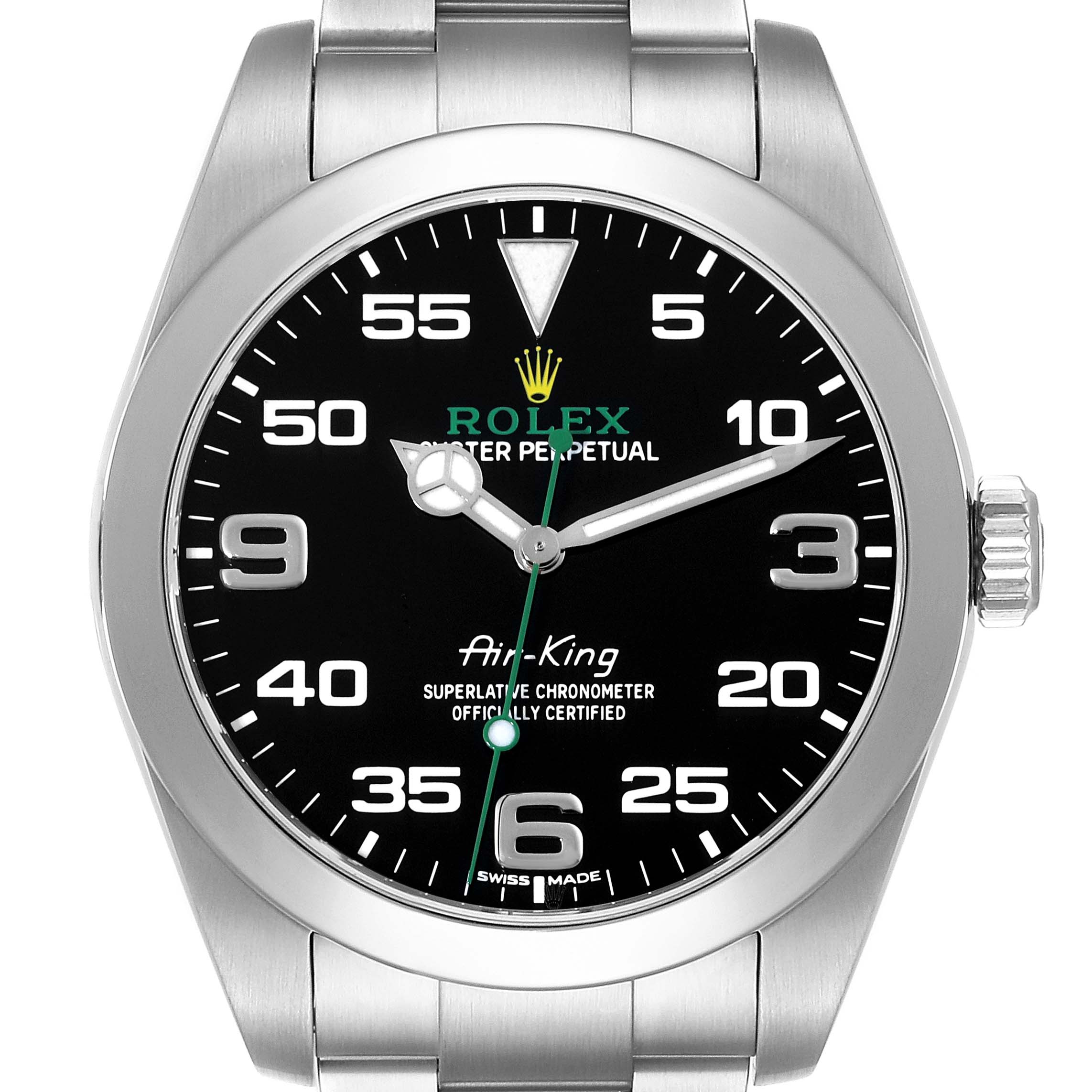 The image shows a front view of a Rolex Air-King 116900 Men's Stainless Steel Black Dial 116900 Men's Stainless Steel Black Dial watch, highlighting its black dial and silver strap.
