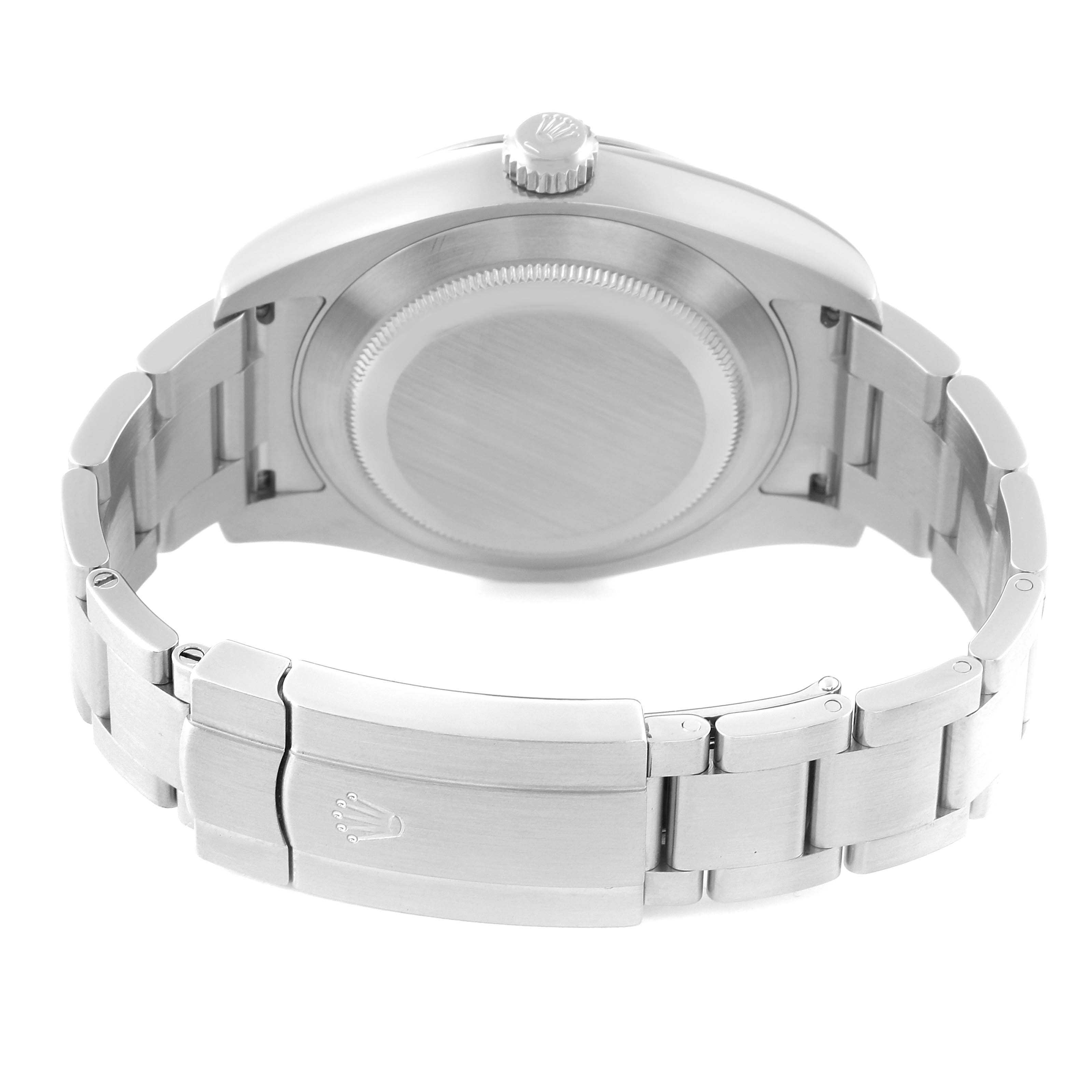 The image shows the back view of a Rolex Air-King 116900 Men's Stainless Steel Black Dial 116900 Men's Stainless Steel Black Dial watch, featuring its case back, crown, and bracelet clasp.