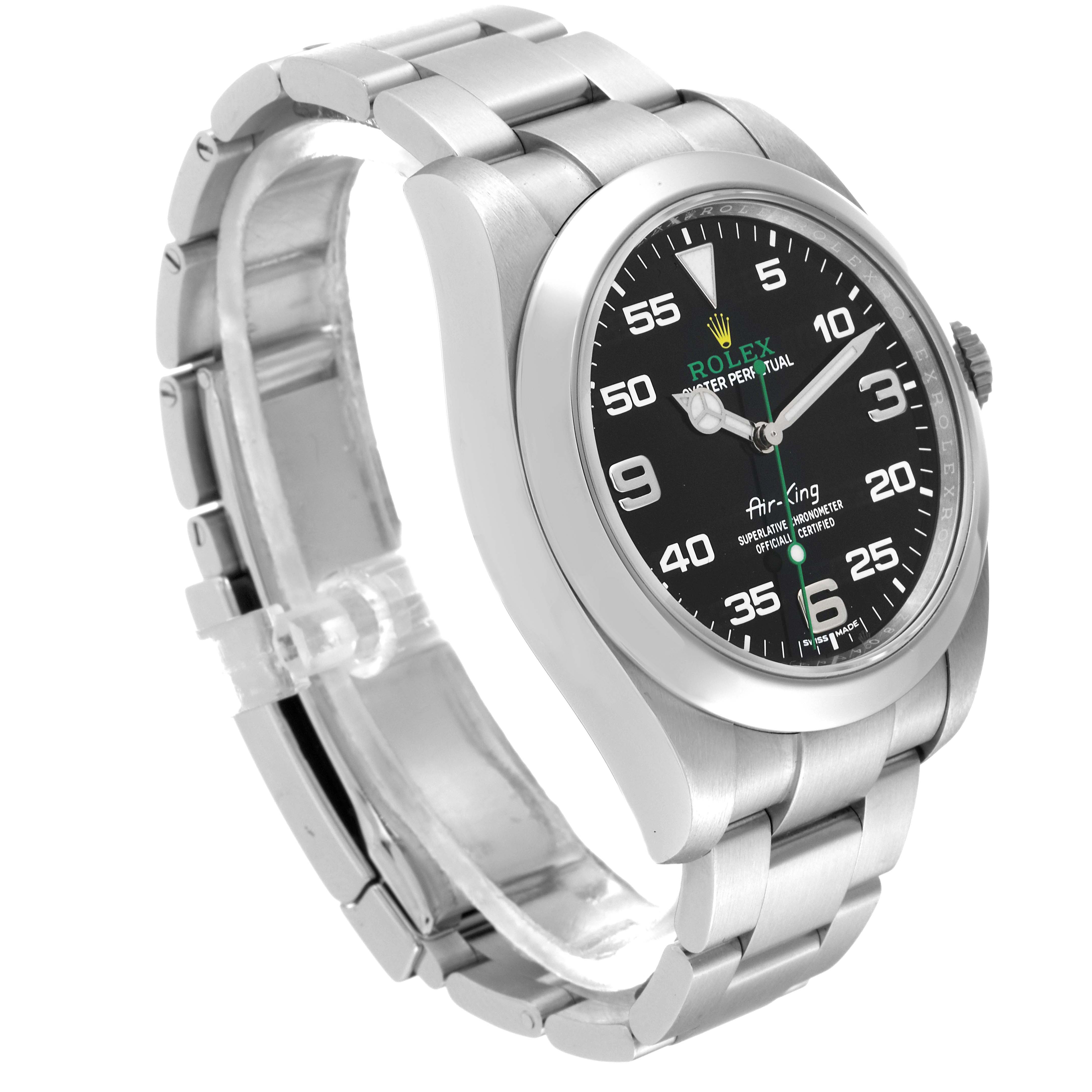 The Rolex Air-King 116900 Men's Stainless Steel Black Dial 116900 Men's Stainless Steel Black Dial watch is shown at a three-quarter angle, displaying its face, bezel, crown, and bracelet.