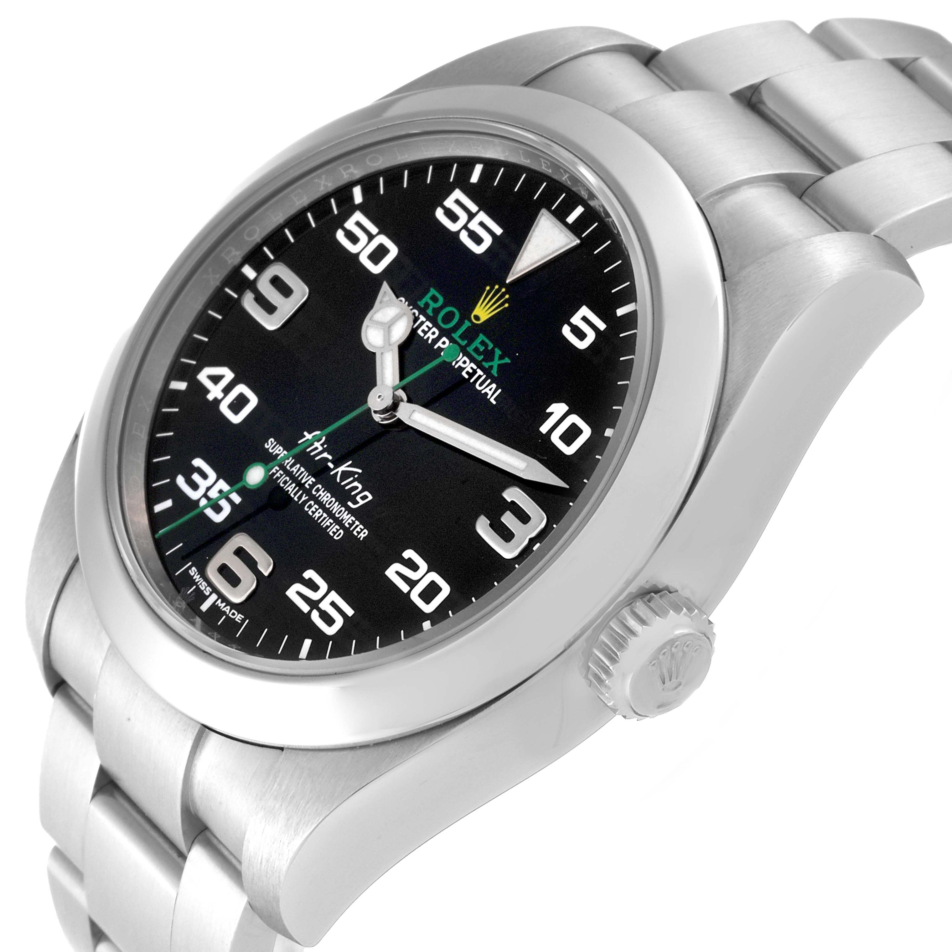 The Rolex Air-King 116900 Men's Stainless Steel Black Dial 116900 Men's Stainless Steel Black Dial watch is shown from a slight top-side angle, displaying its face, bezel, and part of the bracelet.